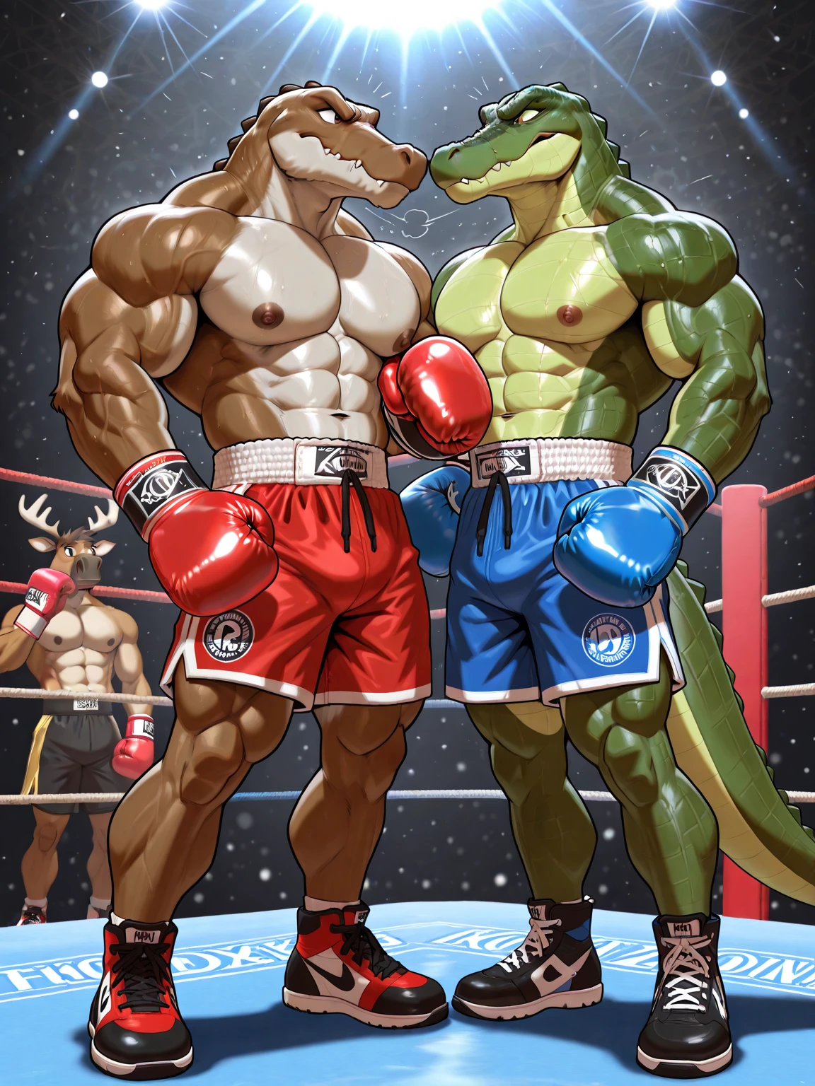 Duo big male fighters(Brown Kangaroo vs Green Gator, handsomes, Thick eyebrows), beso gay(Cuddling kneeling, embraced , in a UFC match), hot(Full body, shirtless), handsomes(They are handsomes, correct ), musculosos(Big muscle bodies, Six packs, muscle abs, big pecs, muscle legs, muscle backs), sweaty(very sweaty wet bodies), tatuajes(they have tattoos), Angry(They have an angry expression), UFC gloves(They both are wearing black UFC gloves), boxers(They both are wearing black boxers), Hight resolution