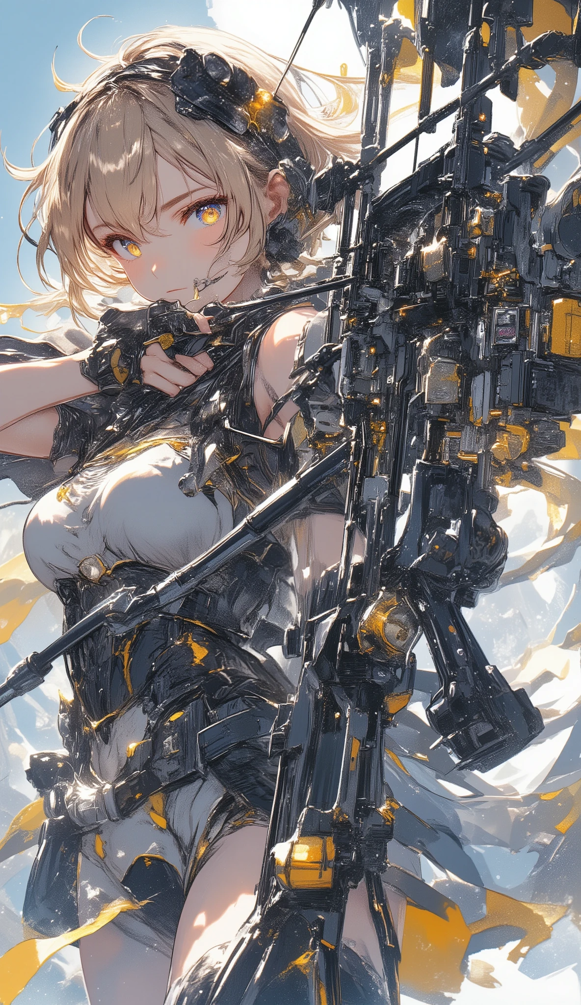 gear、gear、gear、空の背景にgearとネジ、Lots of precise parts、High Quality、high image quality、Female Adventurer Squeezing Machine Bows、Machine Bows Made with Precise Parts、Dynamic composition、shows the whole body、accurate body structure、masterpiece、Correct composition