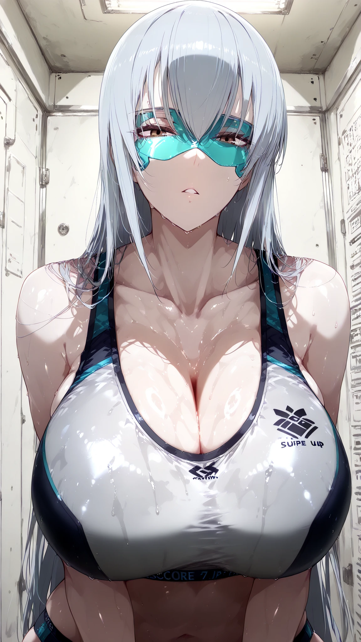 Anime girl big boob
Tight bra
White hair
In gym