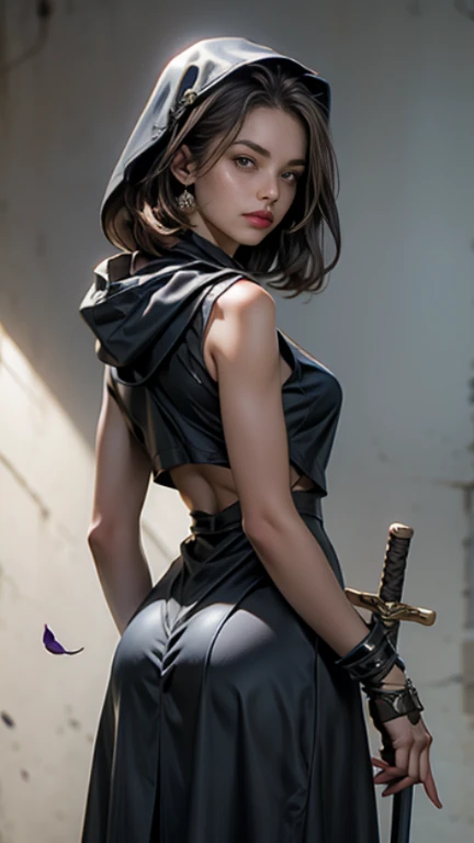 Mimi Rogers (age 30, sheer black ,  underneath, safe for work), wielding ninja weapons, brave and strong pose
