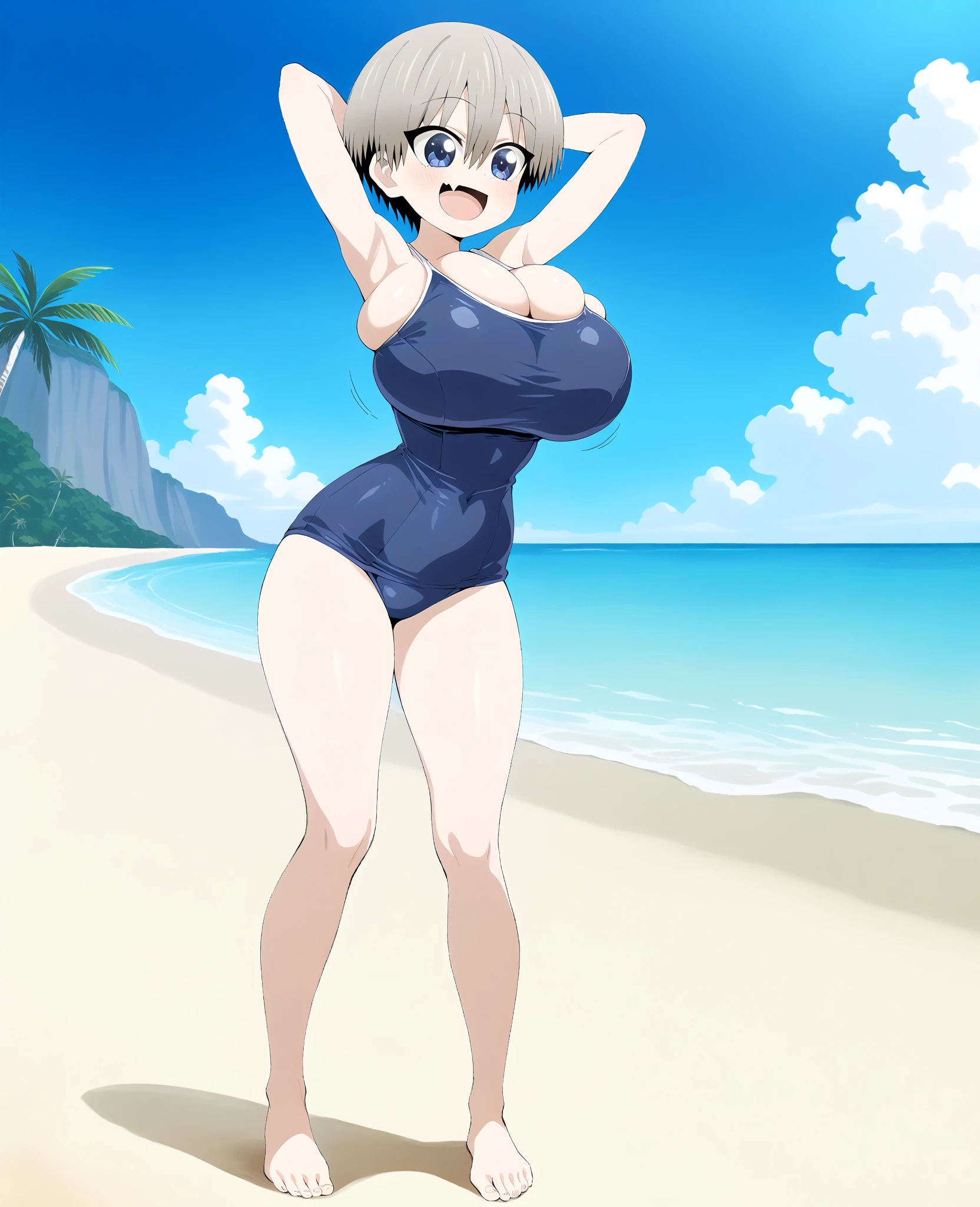 (solo focus, three quarter view, monochrome, greyscale), solo, 1girl(misty \(pokemon\), side ponytail, aqua eyes, ?????????????, wide ????, slim body, black sling ??????, pregnant, ????????), (heavy ???????:1.6) motion lines, bouncing ??????:0.8, sunny beach, sand and waves, waving, smiling, embarrassed, shy, belly focus