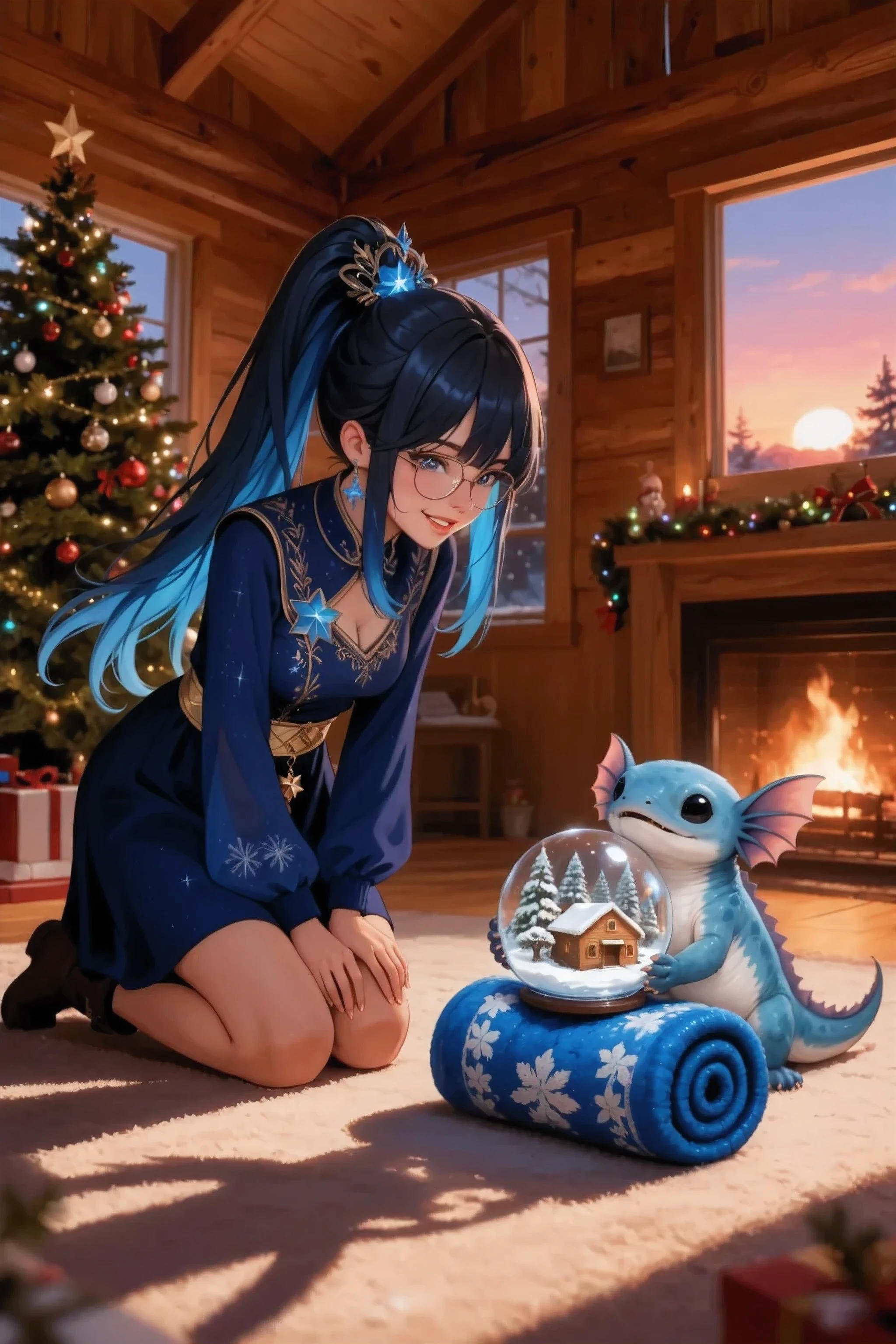 The woman sat down in front of the creature leaning over him. In front of the woman, a view from above, a small cute creature 50 centimeters in the size of the attached image hands out a large festive glass ball containing beautiful snow-covered cedars and a log house inside a glass ball as a gift, and the glass ball itself in the creature's paws stands on a rolled up bluish Christmas sweater in the creature's paws. In the background уютный бревенчатый очень праздничный деревянный дом интерьер изнутри. light at dawn. Long soft shadows. In the background: a decorated Christmas tree and a fireplace. Character_Fuli, a cute little creature with big black eyes, holding a glass ball. in its paws the atmosphere of a cozy wooden house.
masterpiece, the best quality, ultra-detailed, Cinematic emotional static frame, 8K UHD, extremely detailed, physical visualization, HDR.