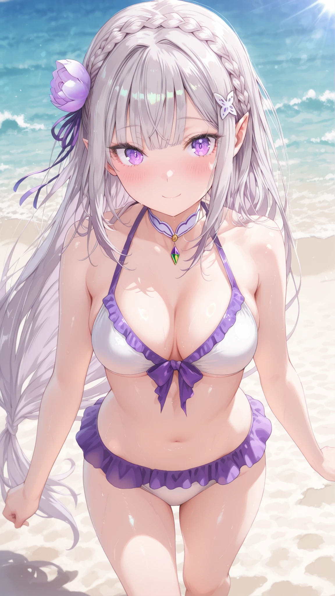 frilled swimwear, breasts