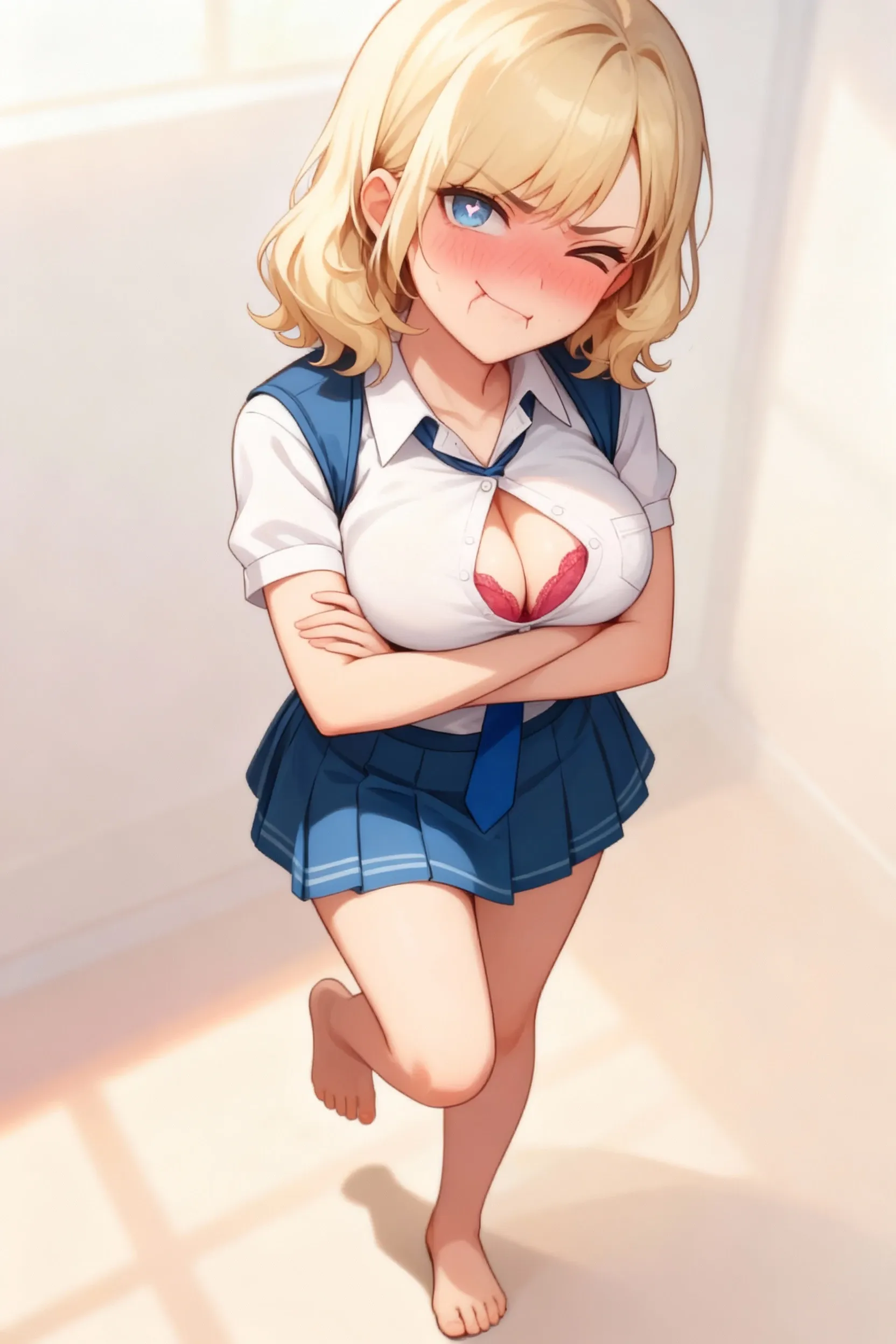 Blue eyes, Blonde hair, Sweating,  size d, Short cut hair, Big , High quality, Slightly shiny body, her  spread, , pink 