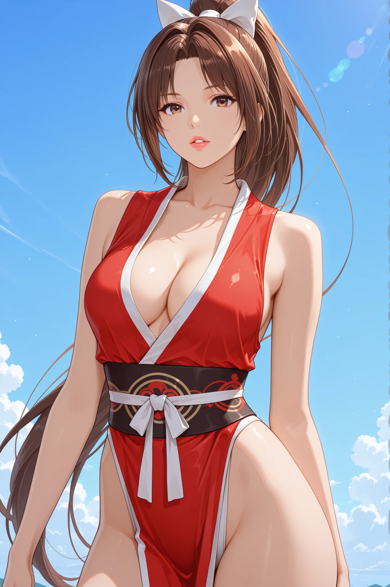 (masutepiece:1.5), the Extremely Detailed CG Unity 8K Wallpapers,(Realistic,Photorealsitic,hyper realisitic:1.5),(Curve,Model,glamor:1.5),Beautiful breasts,Farbe_aberration,beautiful detailed shadow,Beautiful eyes,Beautiful body,Beautiful skin,beautifull hands,(Kneel:1.4),(Spread your :1.4),(Hands behind the head:1.4),(mai shiranui:1.5),
Pelvic curtain lift、Red dress、Sleeveless、Komono、Bare shoulders、(Brown hair、Brown eyes、Long high ponytail)、hair、makeups、(女の子1人:1.4)、comic strip、25-years old、A MILF、Beautiful Finger、beautiful long leg、Beautiful body、Beautiful nose、Beautiful character design、perfect  eyes、face perfect、、a smile、 Red Jewelry、hand on the breasts、hair adornments、a choker、 (​masterpiece、top-quality、top-quality、Official art、Beautifully Aesthetic:1.2)、(One girl)、ighly detailed、colourfull、highestdetailed、 (爆乳:1.2、)The upper part of the body、frombelow、mekosji、White panties、Red Floating Dress、(cleavage of the breast、shinny skin、A sexy)、traditional Japanese room、Blur the background