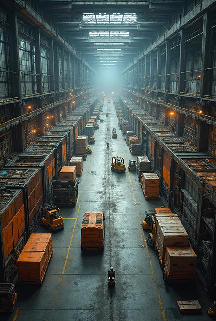 large warehouse with factory of christmas gifts being transported by industrial conveyor with chains and gears by santa claus