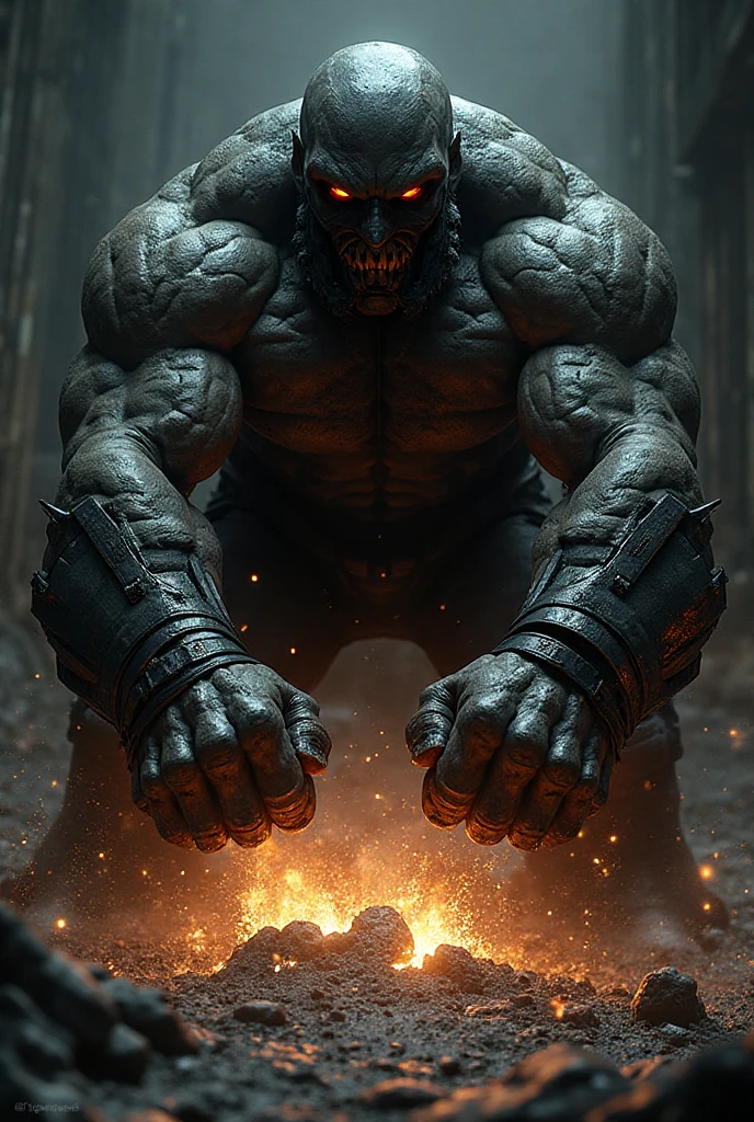 Fire zombie, muscle body, fire eyes, grip the heavy chain, scary face, villain, full body, full body view,