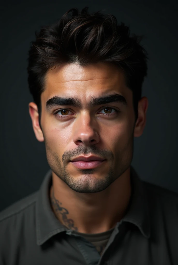 an attractive man of fifty with short brown hair thick eyebrows gray eyes without a beard square face with a sad expression in a brown jacket and a black t-shirt stands in a museum