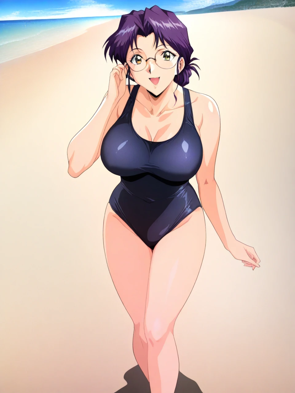 masterpiece, best quality, newest, absurdres, highres,  amazing quality, 4k, good lighting,  high resolution, 1girl, solo, 
tracenswimsuitILL, tracen swimsuit, full body, mature female, short black hair, purple lipgloss, thick, hands on hips, facing viewer, 
dynamic angle, foreshortening, eyes half closed, seductive smile,