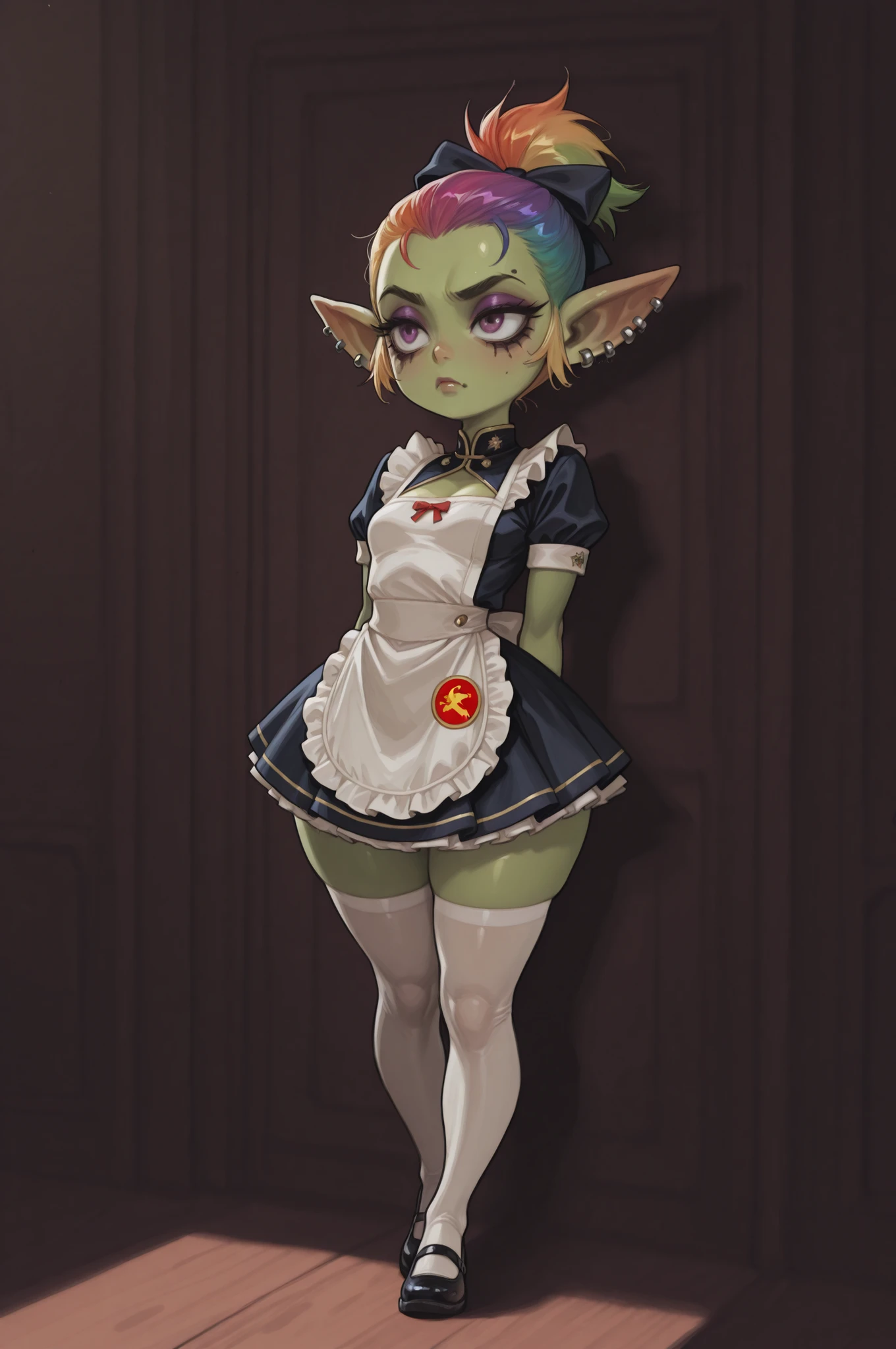 female punk, rainbow colors hair, very short hair, black eye , facial piercings, eye makeup, small breasts, meduim hips, (goblin girl:1.0) (shortstack:1.0) (green skin:1.0) (pointy ears:1.0) (wide hips:1.0)| score_9, score_8_up, score_7_up, score_6_up, score_5_up, best quality,high detail, shadow, volumetric lighting, , BREAK NM_graduation, 1girl, solo, bow, hair bow, dress, short sleeves, skirt, apron, white thighhighs, thighhighs, Soviet Union graduation dress