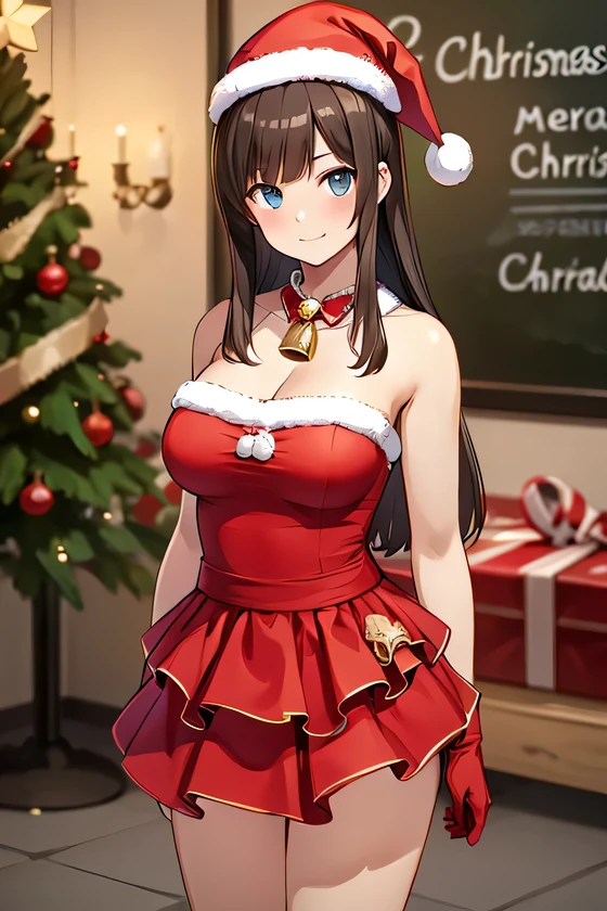 ((perfect )), (photo realistic), (very aesthetic), (highres), (detailed eyes), (top quality), (Realistic), (Super Detailed), (masterpiece), (top quality), (very detailed), (ultra detail), (Super detail), 1girl, bag,  shoulders, bell, box, , brown hair, carrying over shoulder, christmas, christmas lights, christmas ornaments, christmas tree, closed mouth, fur-trimmed dress, fur-trimmed gloves, fur-trimmed headwear, fur-trimmed hood, holding sack, holly, indoors, long hair, looking at viewer, , merry christmas, neck bell, , ornament, red gloves, santa dress, santa gloves, santa hat, smile, solo, solo focus, two young women, おそらく十代の若者二人, 脚と下半身を強調しています. ワン・ウーマン, 手前と中央には, 前方に曲がる, チェック柄のスカートを持ち上げると、少し盗撮的な感じの明るい色の下着が見えました. と茶色のローファーを持っています. 別の女性が右に立っています, もチェック柄のスカートを着ています, ダークブレザー, そして暗い靴. 彼女は何かを調整しているか、背景には明るい色のパネル, } おそらく写真ブースかそれに似た設定の一部です, 文字が一部見えます, including "I ❤️ RG TOKYO." 照明も明るく、, 全体的なムードは率直でポーズをとっていません,