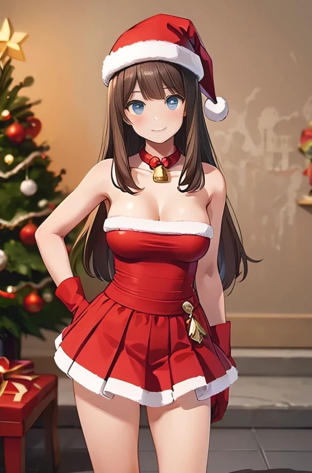 ((perfect )), (photo realistic), (very aesthetic), (highres), (detailed eyes), (top quality), (Realistic), (Super Detailed), (masterpiece), (top quality), (very detailed), (ultra detail), (Super detail), 1girl, bag,  shoulders, bell, box, , brown hair, carrying over shoulder, christmas, christmas lights, christmas ornaments, christmas tree, closed mouth, fur-trimmed dress, fur-trimmed gloves, fur-trimmed headwear, fur-trimmed hood, holding sack, holly, indoors, long hair, looking at viewer, , merry christmas, neck bell, , ornament, red gloves, santa dress, santa gloves, santa hat, smile, solo, solo focus, two young women, おそらく十代の若者二人, 脚と下半身を強調しています. ワン・ウーマン, 手前と中央には, 前方に曲がる, チェック柄のスカートを持ち上げると、少し盗撮的な感じの明るい色の下着が見えました. と茶色のローファーを持っています. 別の女性が右に立っています, もチェック柄のスカートを着ています, ダークブレザー, そして暗い靴. 彼女は何かを調整しているか、背景には明るい色のパネル, } おそらく写真ブースかそれに似た設定の一部です, 文字が一部見えます, including "I ❤️ RG TOKYO." 照明も明るく、, 全体的なムードは率直でポーズをとっていません,