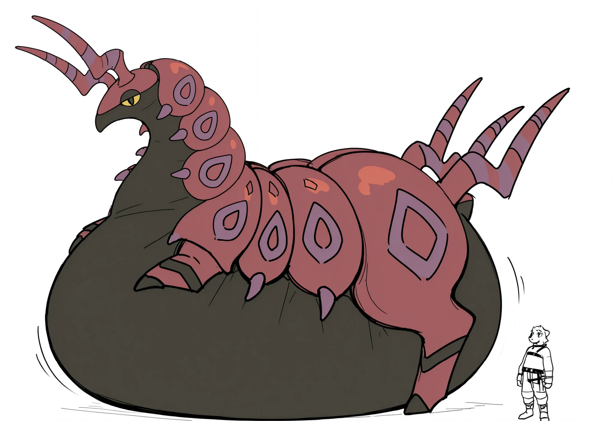 full body, furry scolipede, wide bottom, heavy bottom, wided legs,short digitigrade leg, giant pearshape body, no nipple,detailed face,4k ultfigurelity, (4k half body view:1.0),(detailed face),(cute face),ultra high detailed body,feral scolipede,enormous body,(smaller head),(enomorous body),(gigantic body),belly overhang,cartoon style,(sketch style),side view,light color,macro,giga,(sketch style:1.2),obese,mounting,many belts,bags,(choker)