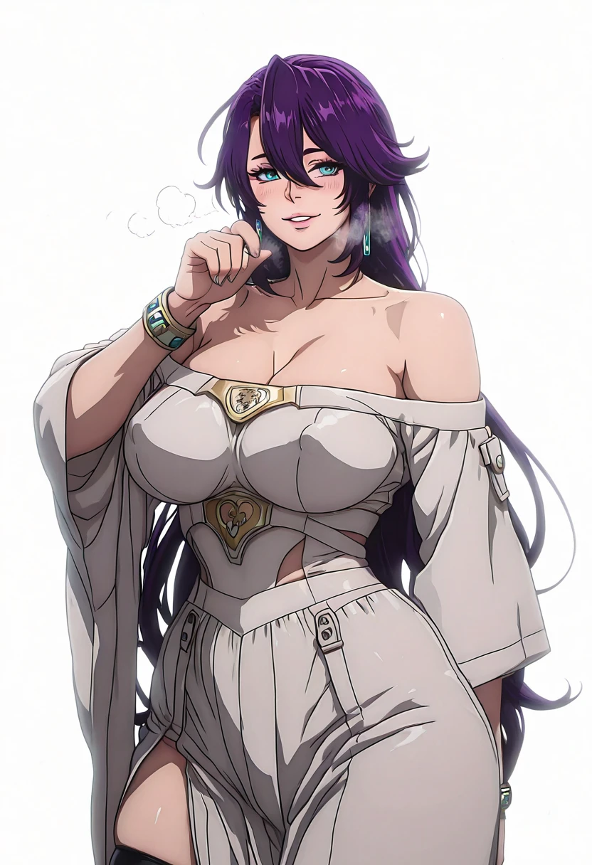 Ggstd6, Manhwa, L_Cation2, babu-style, Hgk, (himadera-style:1.2), (neoartcore-style:1.3), (bluecup-style:1.4), (hella_p-style:1.2), (toi8-style:1.3), ((anime coloring, anime screencap)), shiny skin, Hand drawn, cinematic, Sharp focus, humorous illustration, big depth of field,(cellulite:1.2) Masterpiece, ((cinematic, backlighting)), concept art, trending on artstation, Vivid colors, Simplified style, trending on ArtStation, trending on CGSociety, Intricate, Vibrant colors, Soft Shading, Simplistic Features, Sharp Angles, Playful, (voluptuous body:1.4), (mature female:1.4), ((anatomical correct)), perfect body, perfect eyes, perfect fingers, gasping, (glowing eyes:0.8), heavy breathing, gasping profusely, ((skindentation)), ((curvy, narrow waist)), arthur pencilgon, long hair, blue eyes, hair between eyes, very long hair, purple hair, long eyelashes, plump,, 1girl, breasts, solo, dress, bare_shoulders, looking_at_viewer, cleavage, white_background, white_dress, bracelet, smile, simple_background, blush, jewelry, parted_lips, collarbone, off_shoulder, wide_sleeves, covered nipples