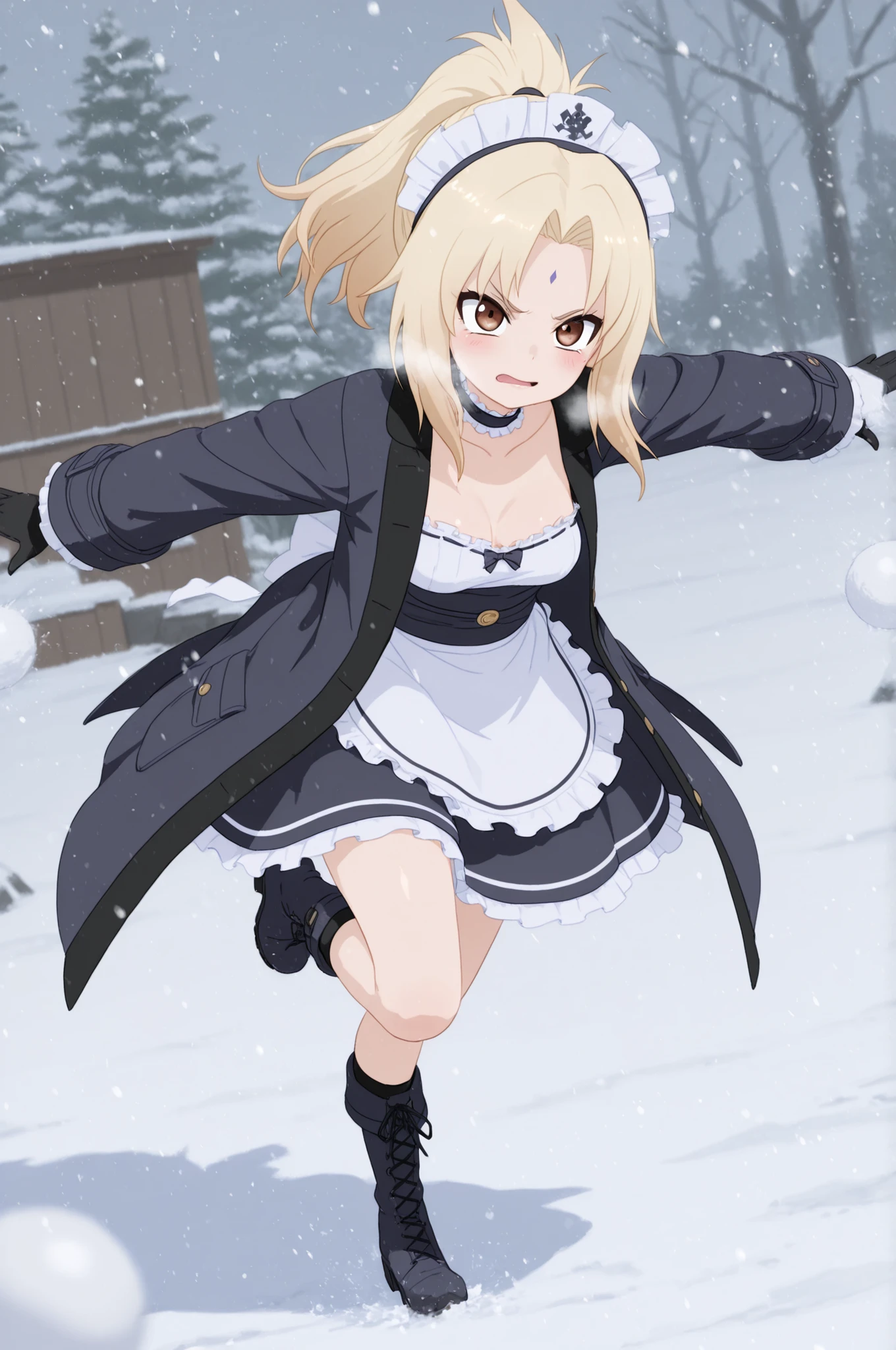 Tsunade Senju . Grandmother . long hair , blond hair tied in two ponytail . brown eyes . pink lipstick . medium breasts . chubby. choker , | 1girl,(sho \(sho lwlw\):0.7),(sincos:0.3),solo, masterpiece, best quality, newest, absurdres, CG, anime, source anime, illustration, maid, maid headdress, snowball fight, snowball, snow, snowing, outdoors, winter, winter clothes, open coat, boots, gloves, coat, scarf, long sleeves, blush, breath, throwing, outstretched arms, standing, standing on one leg, leg up, spread arms, outstretched arm, blurry foreground, leaning forward, motion blur, dutch angle, full body, looking ahead,