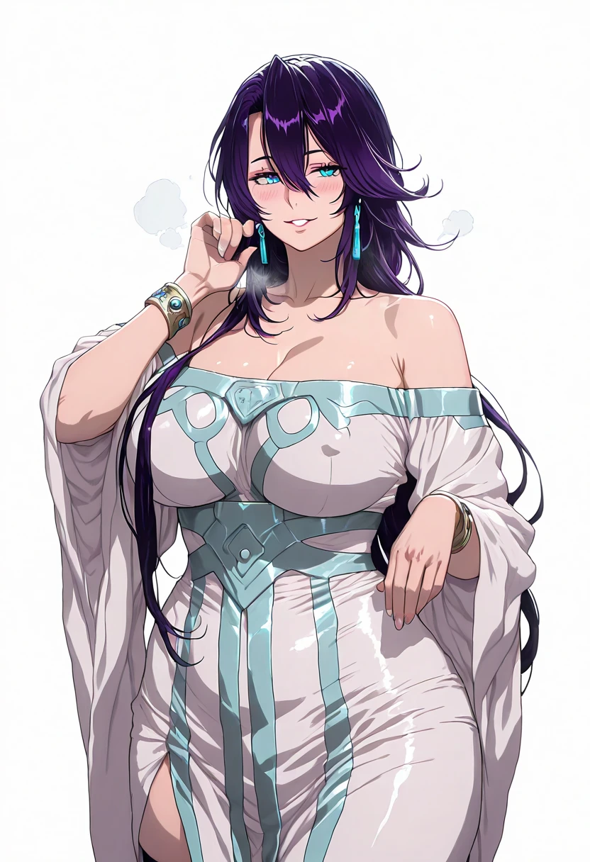 Meteor, Manhwa, L_Cation2, babu-style, Hgk, (himadera-style:1.2), (neoartcore-style:1.3), (bluecup-style:1.4), (hella_p-style:1.2), (toi8-style:1.3), ((anime coloring, anime screencap)), shiny skin, Hand drawn, cinematic, Sharp focus, humorous illustration, big depth of field,(cellulite:1.2) Masterpiece, ((cinematic, backlighting)), concept art, trending on artstation, Vivid colors, Simplified style, trending on ArtStation, trending on CGSociety, Intricate, Vibrant colors, Soft Shading, Simplistic Features, Sharp Angles, Playful, (voluptuous body:1.4), (mature female:1.4), ((anatomical correct)), perfect body, perfect eyes, perfect fingers, gasping, (glowing eyes:0.8), heavy breathing, gasping profusely, ((skindentation)), ((curvy, narrow waist)), arthur pencilgon, long hair, blue eyes, hair between eyes, very long hair, purple hair, long eyelashes, plump,, 1girl, breasts, solo, dress, bare_shoulders, looking_at_viewer, cleavage, white_background, white_dress, bracelet, smile, simple_background, blush, jewelry, parted_lips, collarbone, off_shoulder, wide_sleeves, covered nipples