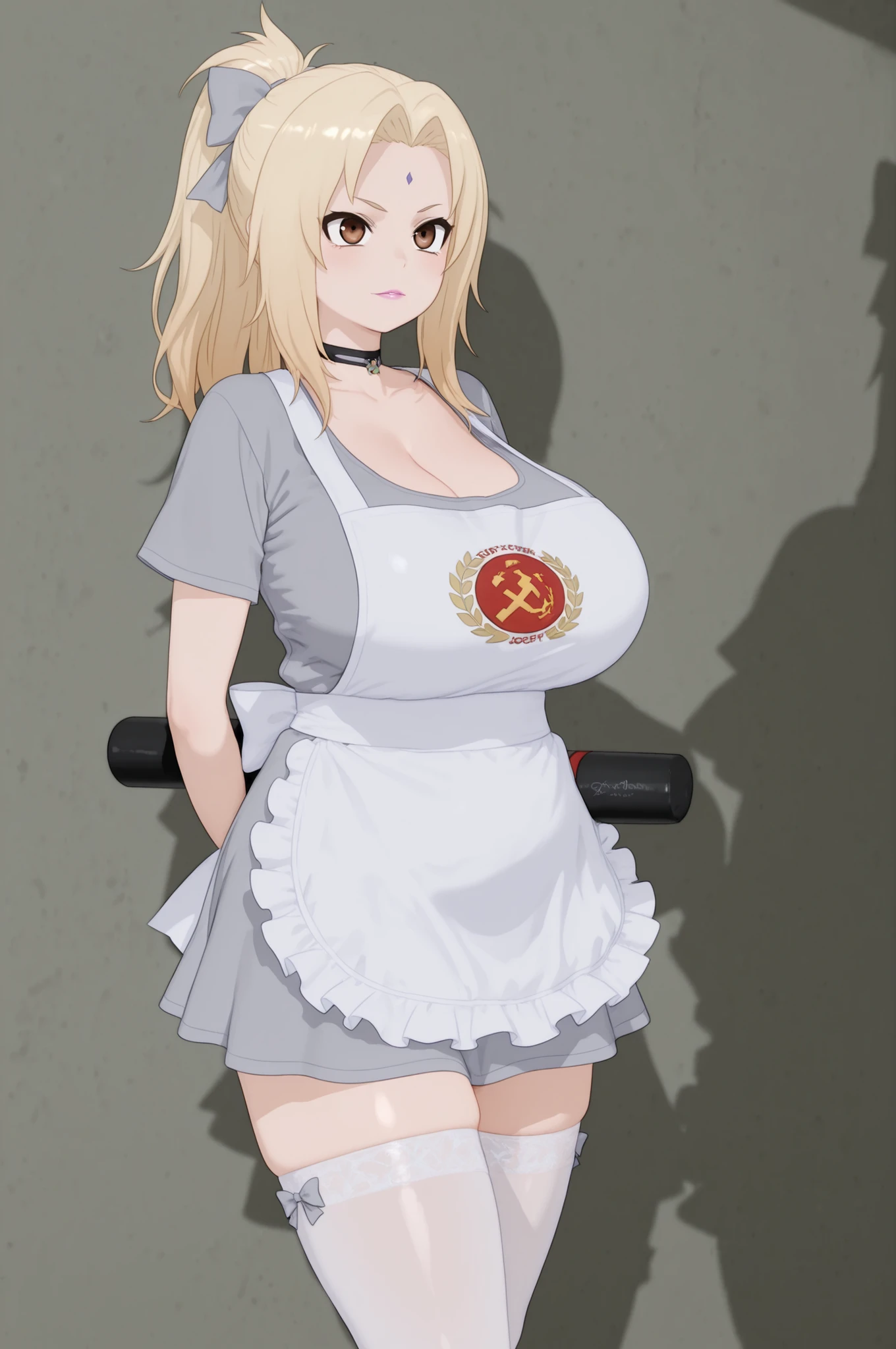 Tsunade Senju . Grandmother . long hair , blond hair tied in two ponytail . brown eyes . pink lipstick . huge breasts . chubby. choker , | score_9, score_8_up, score_7_up, score_6_up, score_5_up, best quality,high detail, shadow, volumetric lighting, , BREAK NM_graduation, 1girl, solo, bow, hair bow, dress, short sleeves, skirt, apron, white thighhighs, thighhighs, Soviet Union graduation dress
