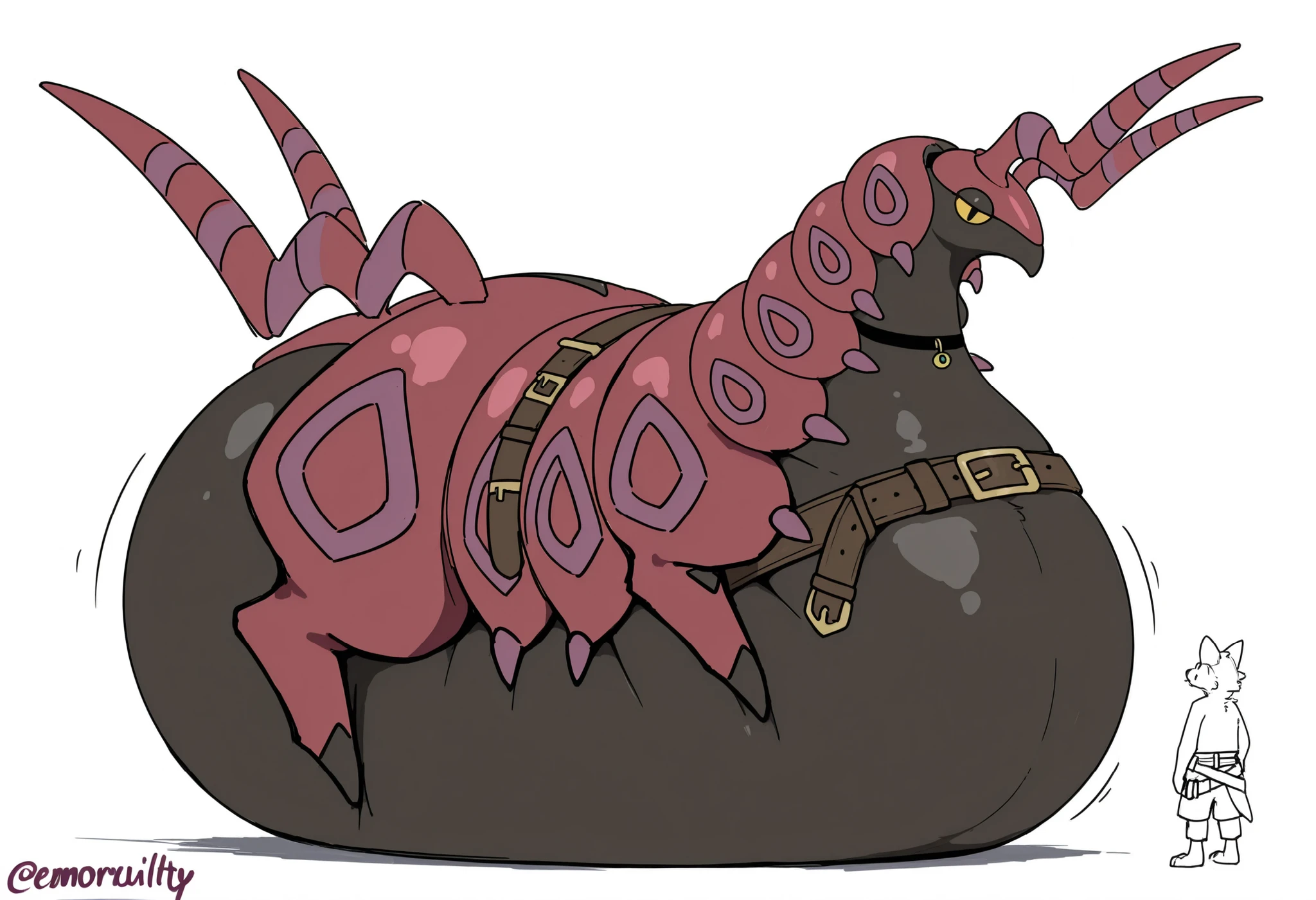 full body, furry scolipede, wide bottom, heavy bottom, wided legs,short digitigrade leg, giant pearshape body, no nipple,detailed face,4k ultfigurelity, (4k half body view:1.0),(detailed face),(cute face),ultra high detailed body,feral scolipede,enormous body,(smaller head),(enomorous body),(gigantic body),belly overhang,cartoon style,(sketch style),side view,light color,macro,giga,(sketch style:1.2),obese,mounting,(many belts:1.3),(bags:1.3),(choker:1.3),(hyper lower belly),floating legs,golden necklace,(big saddle)