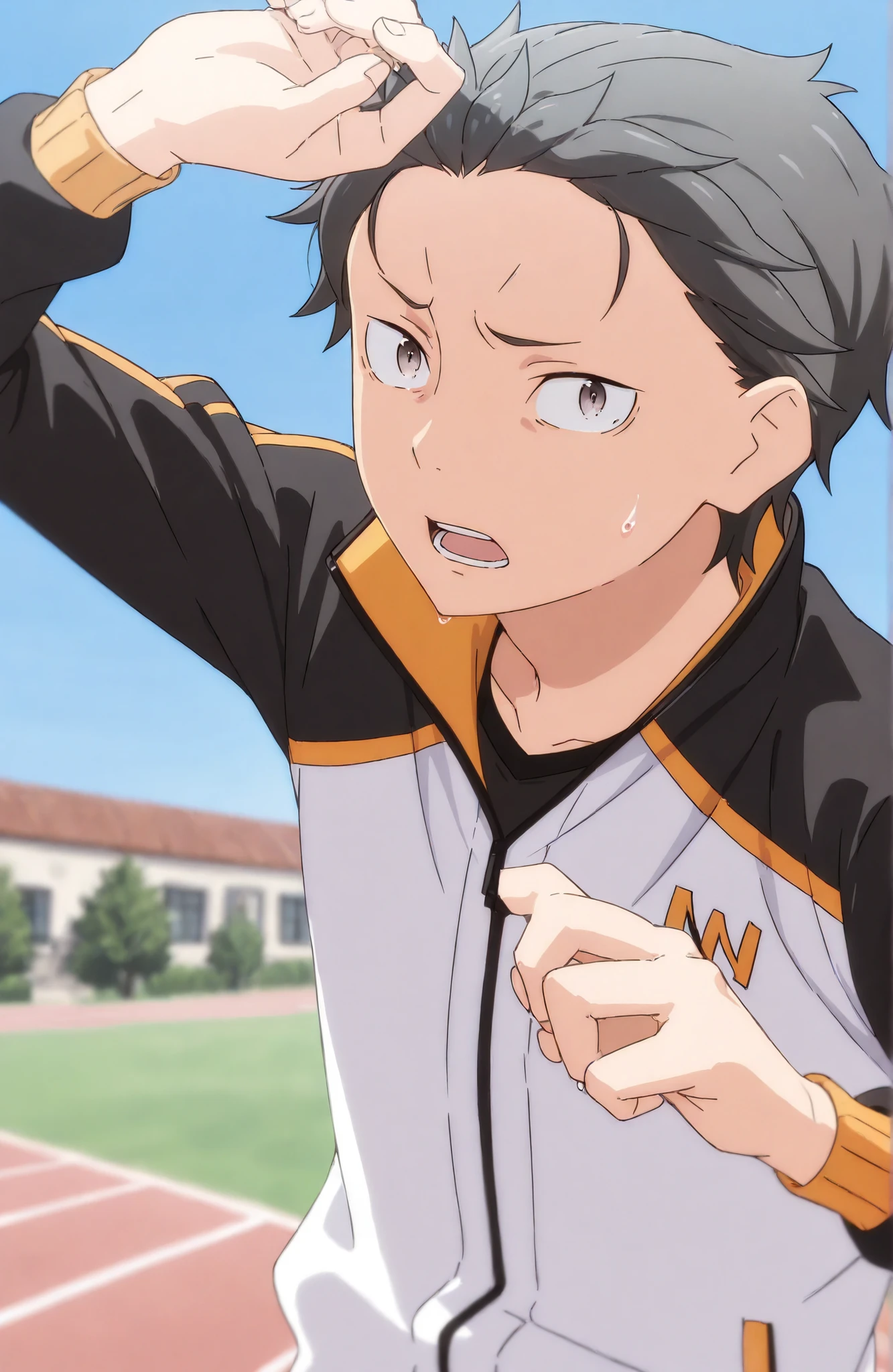 natsuki_subaru_locon, 1boy, black hair, blue sky, day, grey hair, jacket, looking at viewer, male focus, natsuki subaru, natsuki_subaru_locon, open mouth, outdoors, parody, short hair, solo, sweatdrop, track jacket, upper body