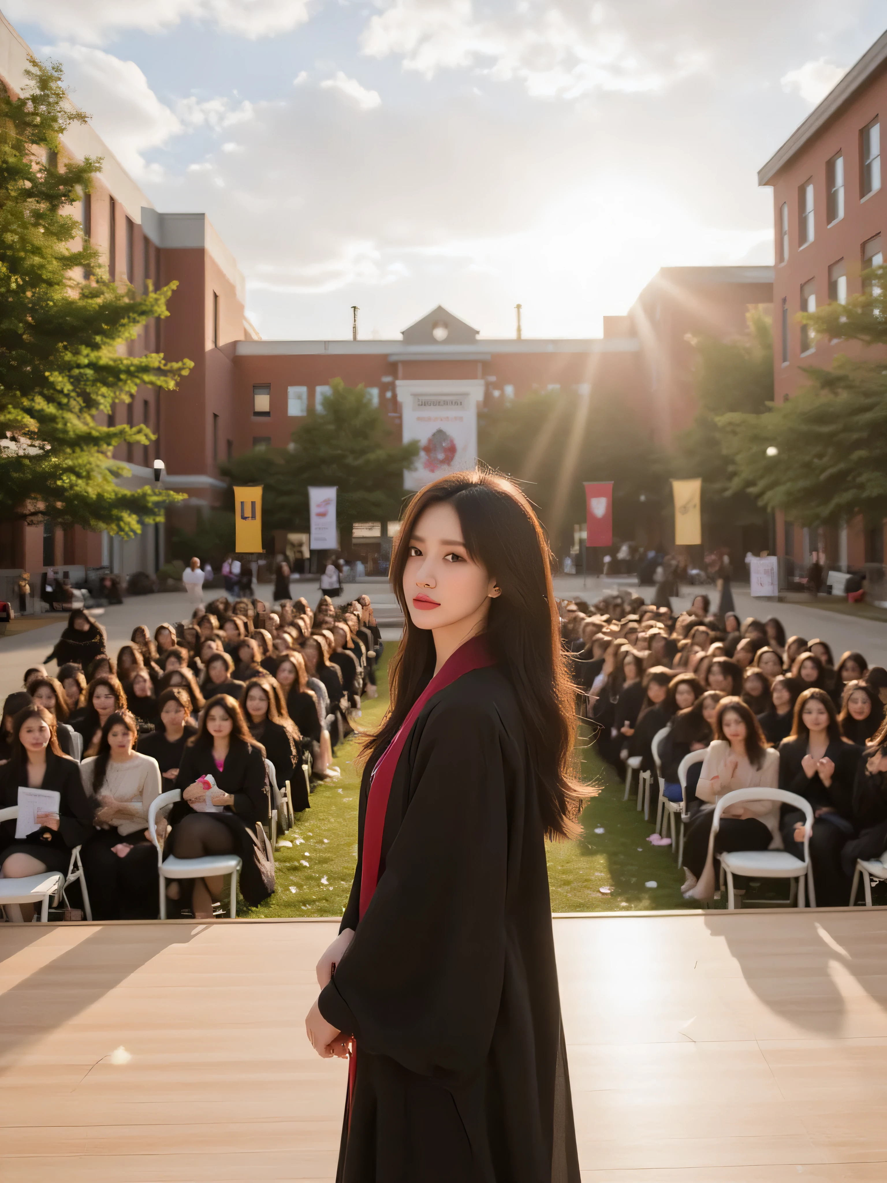 Masterpiece, High Resolution, 32K, Ultra High Precision, Masterpiece, High Resolution, 32K, Ultra High Precision, Masterpiece, High Resolution, 32K, Ultra High Precision, Realistic Style, Lunamaria Hawke in human form, natural face, realistic proportions.
Scene: Grand outdoor graduation ceremony on a modern campus. A vast, light wood stage is set up in the center of a large plaza lined with green trees and red brick university buildings. Rows of white chairs are lined up with military precision, filled with students in black gowns and burgundy sashes. Some wear personalized decorations, others hold their capes tightly against a light breeze. Solemn background music plays over the speakers as the graduates' names are called out one by one. Lunamaria walks onto the stage, softly lit by the setting sun, which casts golden reflections on the gowns and diplomas. Behind her, a large banner displays the university's colors, academic flags fluttering gently in the breeze. Around her: packed bleachers, applauding families, camera flashes, petals and confetti drifting through the air. The atmosphere is vibrant, filled with pride and restrained emotion. Details mingle: the scent of freshly cut grass, the muffled sounds of conversations, pages of programs that guests leaf through, all reinforcing the vivid memory of this symbolic day.