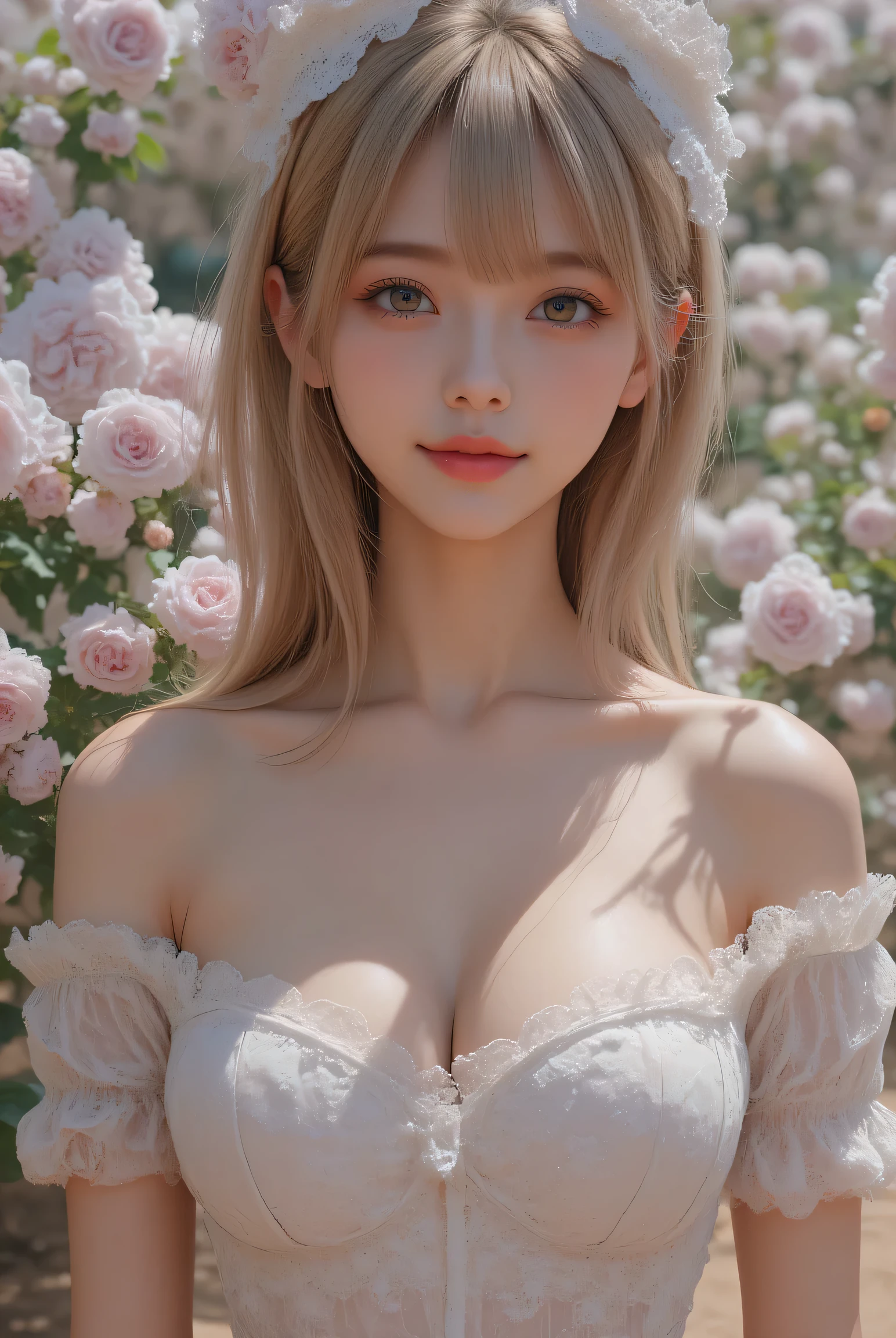 8k, RAW photo, Fujifilm, analog style photo of a beautiful young woman as avril with (huge breasts) in a light pink rose garden (highly detailed skin:1.2) Style-Petal BREAK
short hair, blonde hair with color streaks, blunt bangs, wearing a dress, film grain, 35mm, cute-style, cowboy shot
