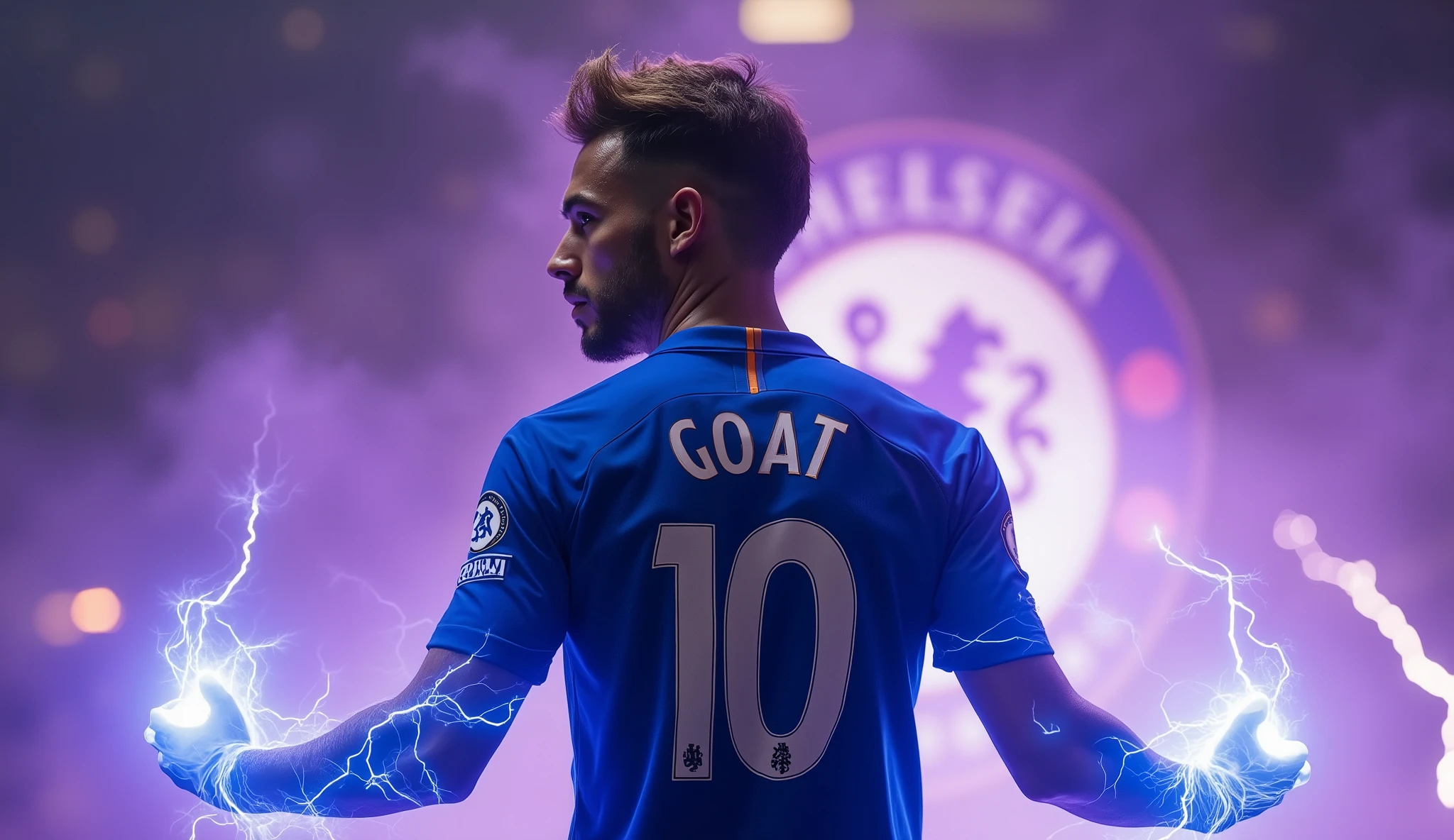 Man wearing his blue FC Chelsea jersey, name GOAT with number 10, with the FC Chelsea emblem behind, ((lavender energy, emanating black electrical energy,)) "A dynamic and electrifying thumbnail featuring Man in a powerful pose, (lightning in background: 1.2), (masterpiece:1.2, best quality), (exquisite eyes and exquisite face:1.3), (extremely detailed CG, super detailed, best shadows: 1.1), (8k UHD, SLR camera, soft lighting: 1.1), (Extremely Delicate: 1.1), (Perfect Details: 1.1), Profile, (((looking to viewer))), (((cinematic lighting))), (((glowing body, with fiery phtalo green:1.2))), (more colourful smoke:1.4), (((((dark brown hair with blonde highlights))))), (((he wears a kingcrown))), (Perfect hands, Perfect Anatomy), (exquisite eyes: 1.2),