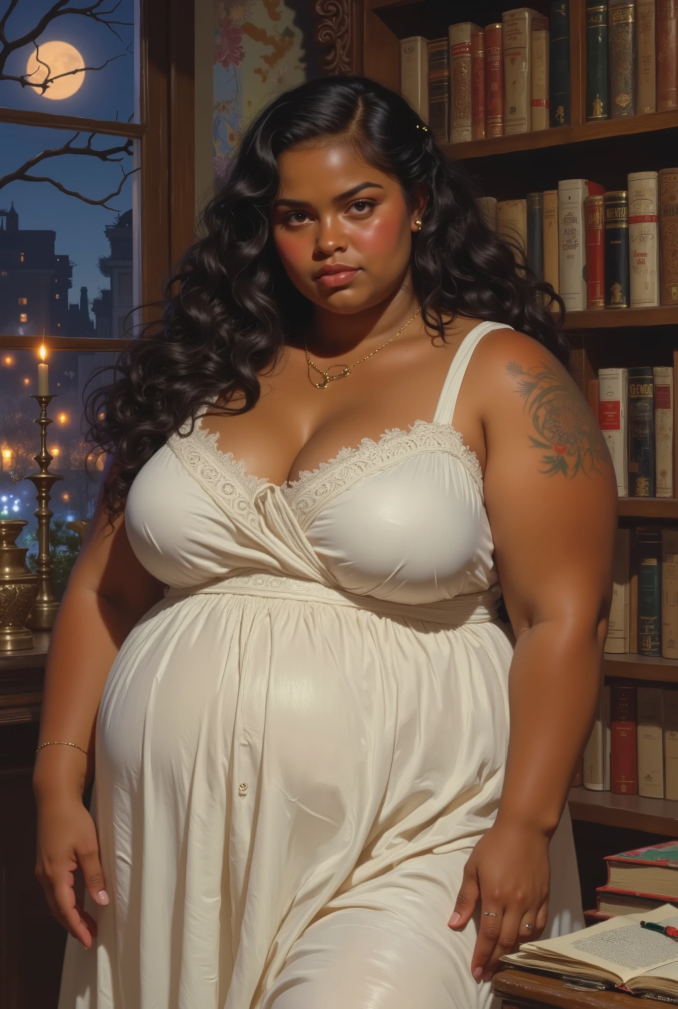 fat big large overweight heavy feminine beautiful young woman with chubby face dark brown tan tanned skin color and black eyes, (((long black curly side-parted hair))), (((black hair))), (((brown skin))), (((brown-skinned))), (((dark brown skin))), (((brown skin complexion))), (((dark brown complexion))), (((dark skin))), (((dark skinned))), (((chubby face))), (((chubby cheeks))), (((fat face))), (((round face))), (((broad face))), (((wide face))), (((chubby fat body))), (((plus size body))), (((overweight body))) (((small , small ))), (((short neck))), (((wearing white flowy loose-fitted dress))), (((standing in cozy eclectic library with cool blue light at night from window))), (((black eyes))), (((dark brown eyes))), (((dark eyes))), dynamic cool blue lighting, rosy lips, (((closed mouth))), (((closed lips))), full lips, (((big lips))), (((big round nose))) neutral expression, detailed clothes, ornate design, (((upper body portrait))), upper body picture, looking at viewer, facing viewer, (((realistic))), highly detailed, masterpiece, absurdres, hq, 4k, 1girl, solo, wide hips,Attractive, (ultra realistic), thick outlines, drawn, bright colors, detailed eyes, detailed hands, digital oil painting art style, Detailed face, attractive, dynamic pose, HD, good quality