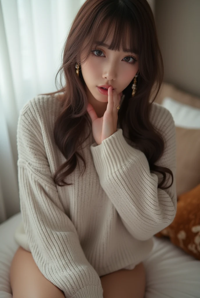 female student、20yr old、Long gray hair、realistically、k hd、sexy pajama knot、Sitting on the bedside、Lie down in bed、Have a well-proportioned figure、It looks beautiful