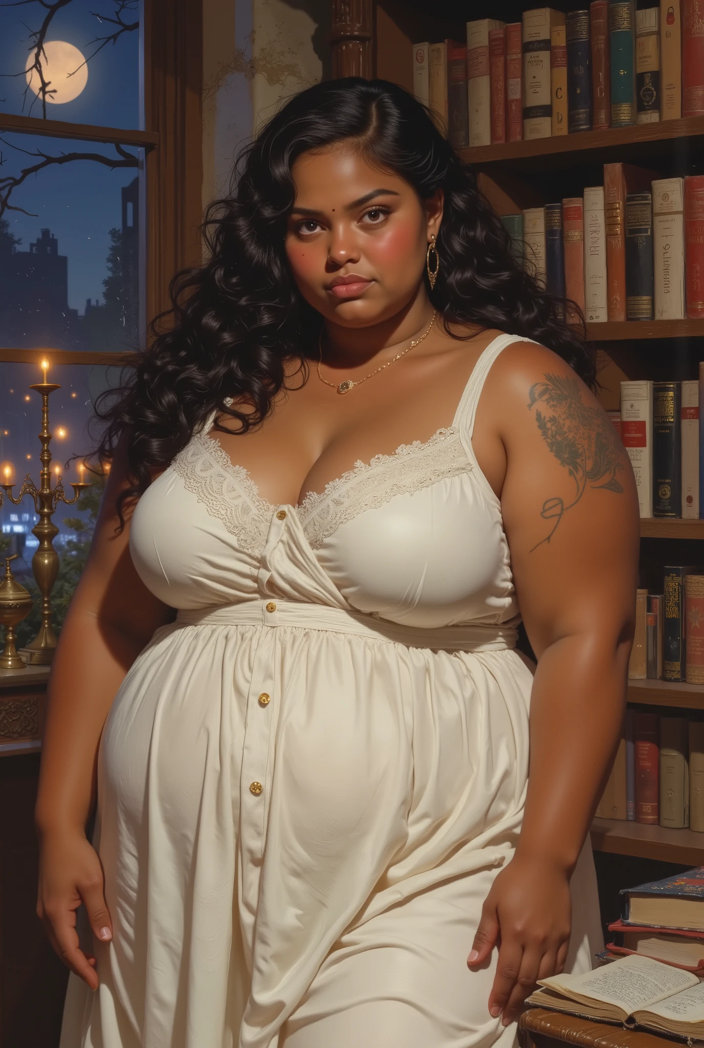 fat big large overweight heavy feminine beautiful young woman with chubby face dark brown tan tanned skin color and black eyes, (((long black curly side-parted hair))), (((black hair))), (((brown skin))), (((brown-skinned))), (((dark brown skin))), (((brown skin complexion))), (((dark brown complexion))), (((dark skin))), (((dark skinned))), (((chubby face))), (((chubby cheeks))), (((fat face))), (((round face))), (((broad face))), (((wide face))), (((chubby fat body))), (((plus size body))), (((overweight body))) (((small , small ))), (((short neck))), (((wearing white flowy loose-fitted dress))), (((standing in cozy eclectic library with cool blue light at night from window))), (((black eyes))), (((dark brown eyes))), (((dark eyes))), dynamic cool blue lighting, rosy lips, (((closed mouth))), (((closed lips))), full lips, (((big lips))), (((big round nose))) neutral expression, detailed clothes, ornate design, (((upper body portrait))), upper body picture, looking at viewer, facing viewer, (((realistic))), highly detailed, masterpiece, absurdres, hq, 4k, 1girl, solo, wide hips,Attractive, (ultra realistic), thick outlines, drawn, bright colors, detailed eyes, detailed hands, digital oil painting art style, Detailed face, attractive, dynamic pose, HD, good quality