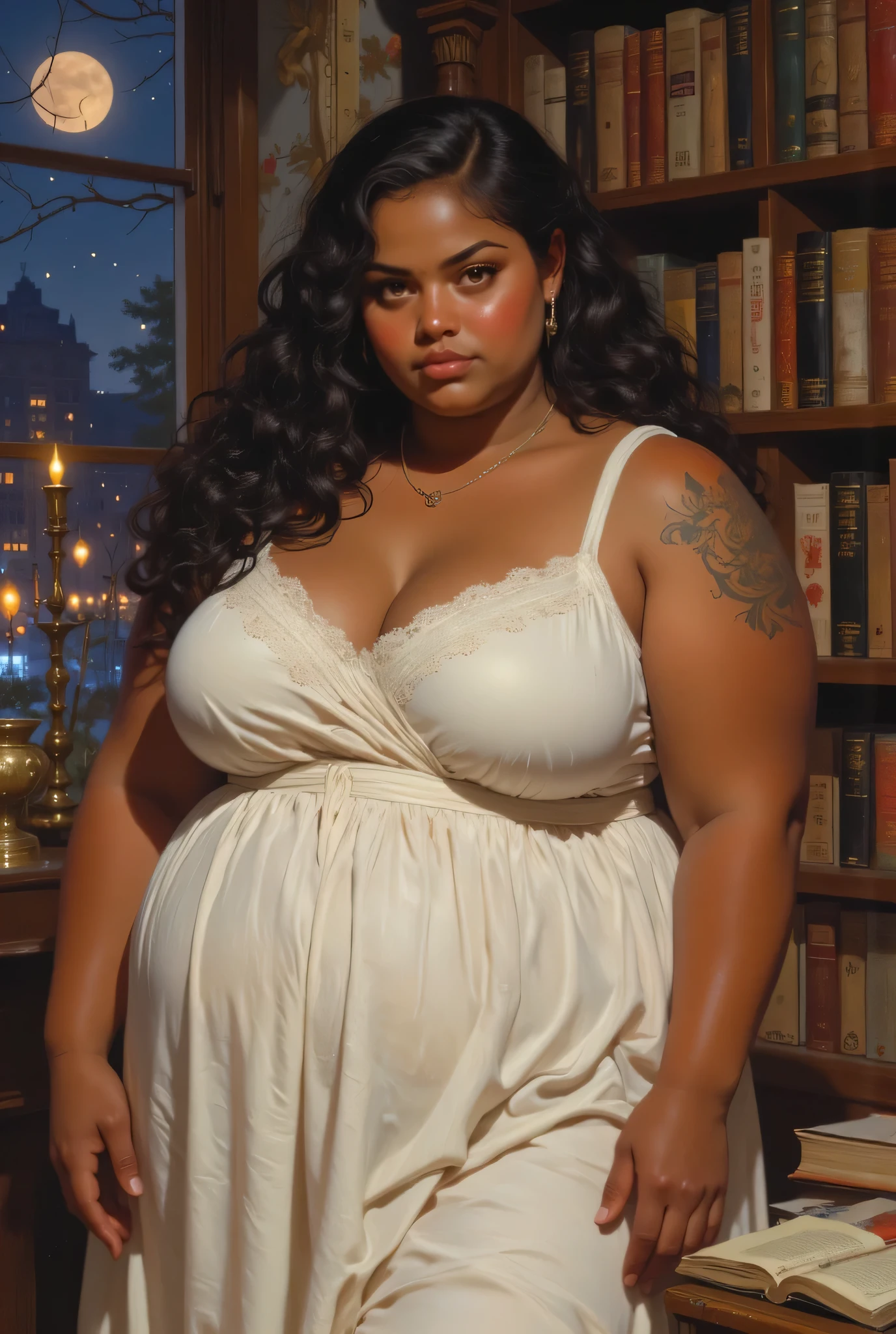 fat big large overweight heavy feminine beautiful young woman with chubby face dark brown tan tanned skin color and black eyes, (((long black curly side-parted hair))), (((black hair))), (((brown skin))), (((brown-skinned))), (((dark brown skin))), (((brown skin complexion))), (((dark brown complexion))), (((dark skin))), (((dark skinned))), (((chubby face))), (((chubby cheeks))), (((fat face))), (((round face))), (((broad face))), (((wide face))), (((chubby fat body))), (((plus size body))), (((overweight body))) (((small , small ))), (((short neck))), (((wearing white flowy loose-fitted dress))), (((standing in cozy eclectic library with cool blue light at night from window))), (((black eyes))), (((dark brown eyes))), (((dark eyes))), dynamic cool blue lighting, rosy lips, (((closed mouth))), (((closed lips))), full lips, (((big lips))), (((big round nose))) neutral expression, detailed clothes, ornate design, (((upper body portrait))), upper body picture, looking at viewer, facing viewer, (((realistic))), highly detailed, masterpiece, absurdres, hq, 4k, 1girl, solo, wide hips,Attractive, (ultra realistic), thick outlines, drawn, bright colors, detailed eyes, detailed hands, digital oil painting art style, Detailed face, attractive, dynamic pose, HD, good quality