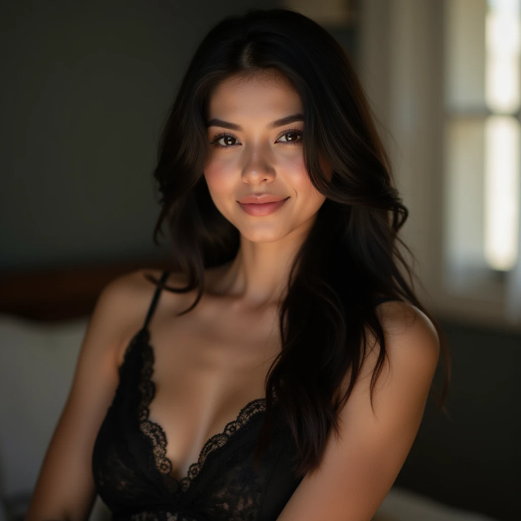 A photo of an extremely beautiful Filipina girl laying in the bed in her apartment in the Philippines. She is dark , with long black hair, big breast covered with a , tempting smile, earing in her belly button and tan skin. She has sharp features, wide lips, dark brown eyes, rosy cheeks, and fair complexion. 