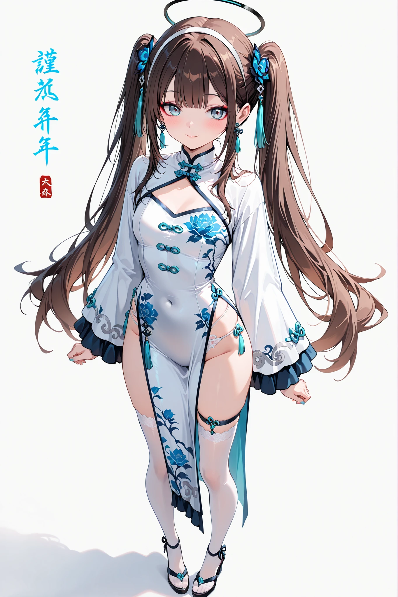 Masterpiece, best quality, 16K portrait, UHD, (extremely beautiful detailed), (ultradetailed), (professional portrait), (anime young girl). Brown hair, hairband, long straight hair, ponytails, light blue anime eyes ultradetailed, eyeliner, white and blue long-sleeved qipao with 1 single side slit, gentle girl, gentle smile, 1-simple thigh garter, standing, white stockings, styled bangs, japanese ornaments, side strings, earrings, block heel sandals, white lingerie panties