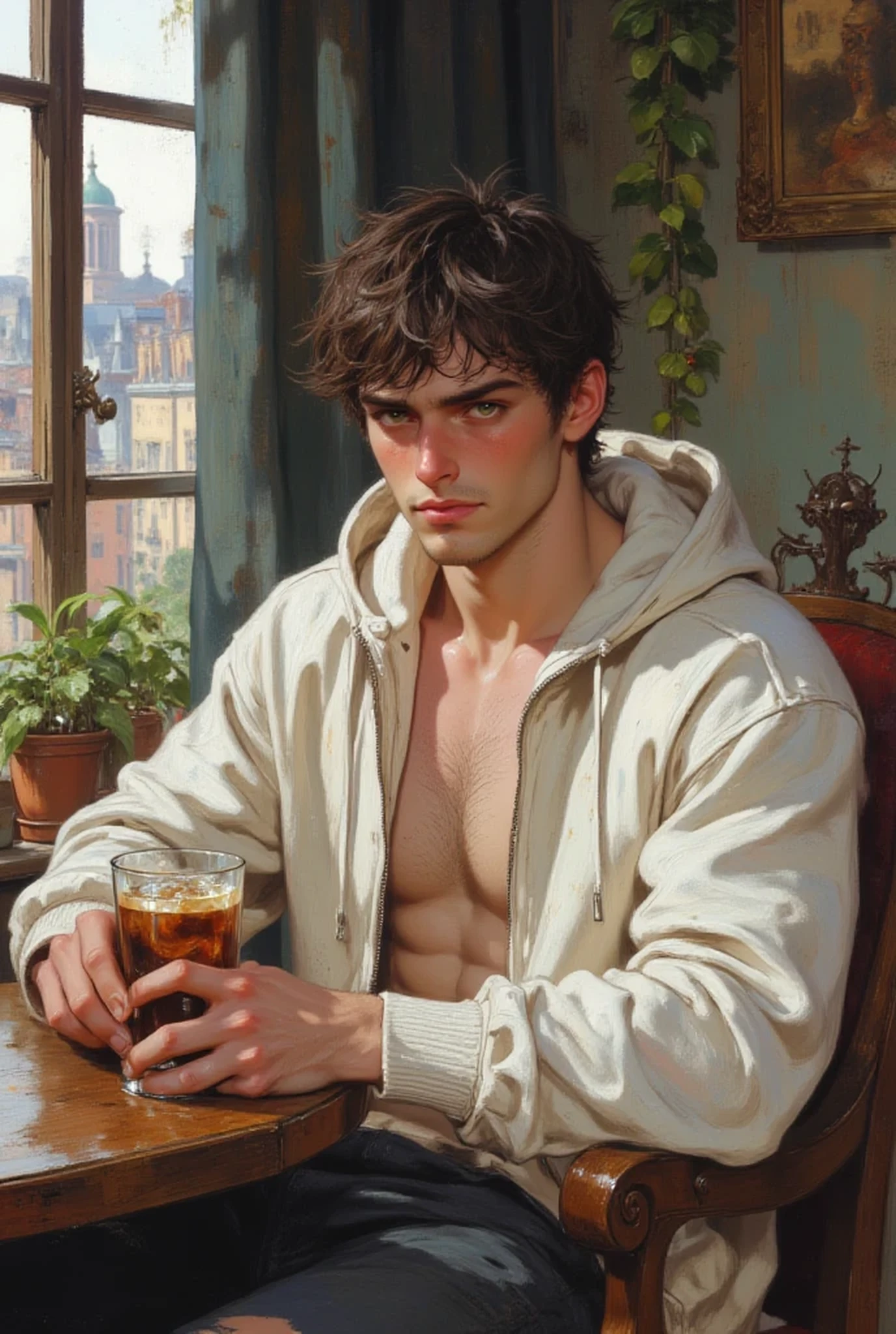 Handsome pale man with dark brown hair green eyes with a nervous smile, (((medium dark brown messy hair))), (((pale skin))), (((wide shoulders with thin waist))), (((masculine body with a pretty manly face))), (((strong and muscular))), (((full big lips))), (((sharp jaw))), (((green narrow slanted eyes))), (((wearing white zip-up hoodie wide open to show and stomach underneath))), (((sitting on a table near a window with a glass of ice coffe in his hands with his elbows on the table in a relaxed pose leaning back in chair))), (((closed lips in a nervous worried smile))), friendly worried anxious smile expression, (((upper body portrait))), upper body picture, looking at viewer, facing viewer, (((realistic))), highly detailed, masterpiece, absurdres, hq, 4k, 1girl, solo,Attractive, (ultra realistic), thick outlines, drawn, bright colors, detailed eyes, detailed hands, digital oil painting art style, Detailed face, attractive, dynamic pose, dynamic lighting, HD, good quality