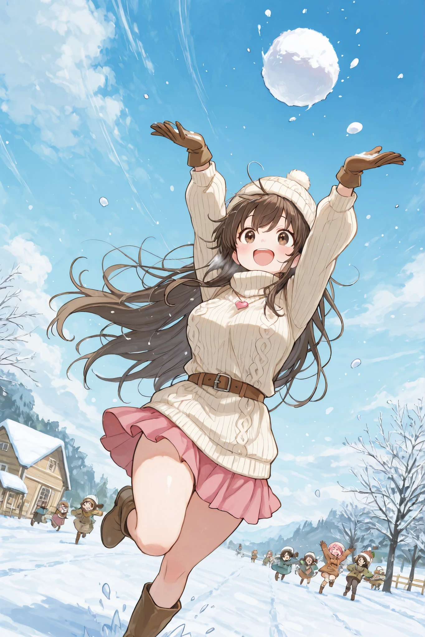 cute, tallの女性、(solo),solo,mature woman,tall、attractive thighs、masterpiece, Newest, vivid, cute, (masterpiece, details:1.2) (masterpiece: 1.2, top quality), (美しくdetailsな美しい目: 1.2), (Beautiful Face Straddling One Leg), Many characterss, snowball fight, Snow World, dynamic angle, Group of Friends Playing with Snow, lift a super huge snowball with both hands overhead, An estimated 2m snowball、anime friends show dynamic action, All Running, 雪玉運び Jumping Over Barricades with Snowballs, characters: smile, brown long boots, brown eyes, brown hair, Very long hair, messy hair, Turtleneck Sweater、 Pink miniskirt, Brown Belts, Burgundy Gloves, Thin hair, High cutlass, Winter hat, heart necklace,  protecting yourself from snowballs flying at high speed, characters: pink hair, long hair, Winter hat, happy, smile, wind, Little Farm Covered with Snow, Friends Chase Each Other、Throw Lots of Snowballs, Distant Clouds, playful laughter full of madness and technology, "Snowballs Attack Each Other" 高度にdetailsなデジタルアニメ画像, everyone must run fast - run very fast、Fly Through the Air with Joy.