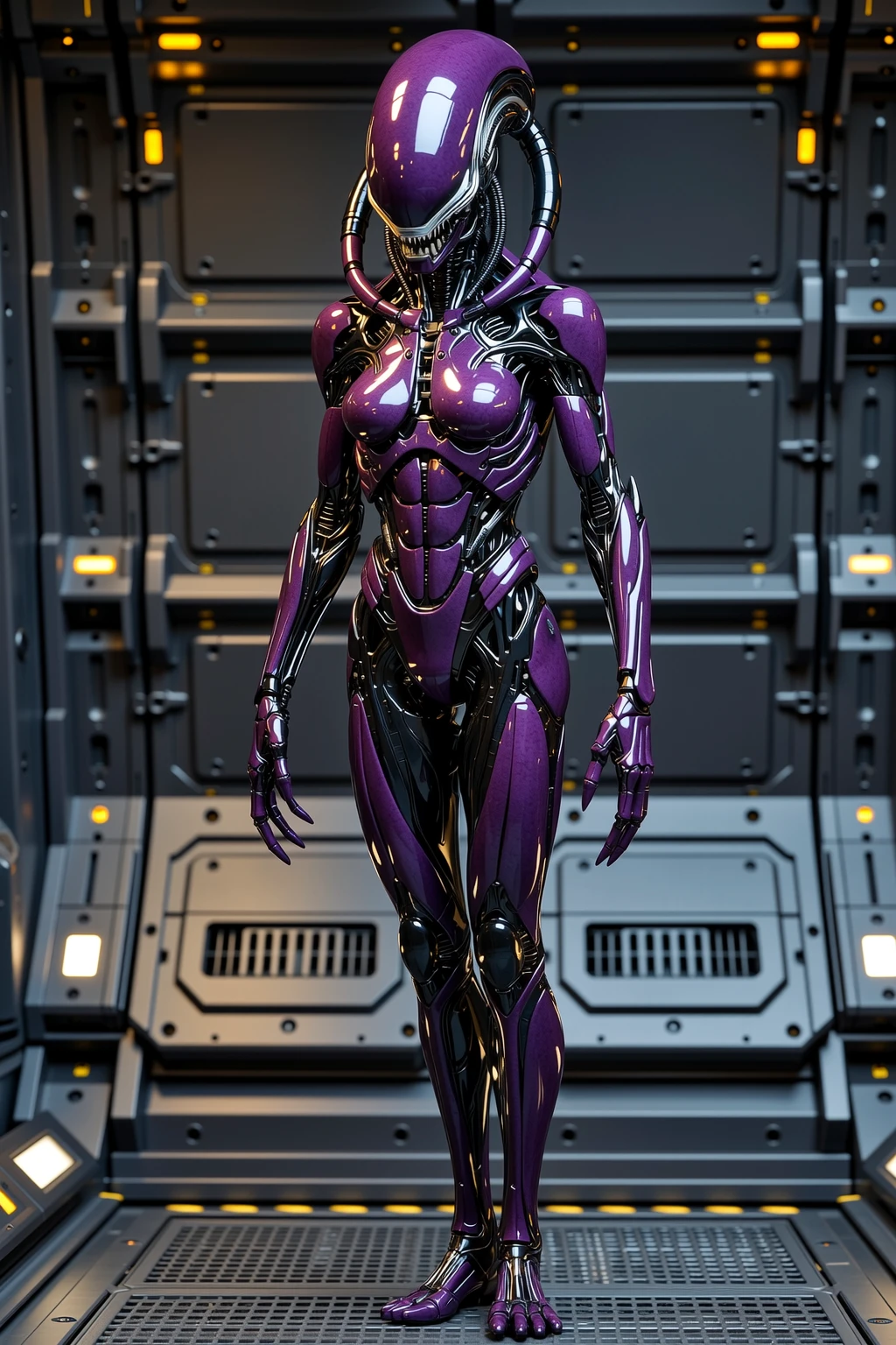 (Best Quality, 4K, 8K, High Definition, Masterpiece: 1.2), (Ultra Detailed, Realistic, Photorealistic: 1.37), a female android with a striking resemblance to a scorpion, designed to embody both elegance and lethality. Her sleek metallic frame gleams under the artificial light, every line and curve meticulously crafted to mimic the fluidity of a living organism while retaining an unmistakable mechanical precision. Both hands have become scorpion pincers.

Her humanoid form is adorned with intricate details reminiscent of a scorpion's exoskeleton. Dark, iridescent plating covers her body, reflecting subtle hues of blue and purple as she moves. Along her spine, a series of segmented plates mimic the rigid structure of a scorpion's tail, hinting at the deadly stinger that lies hidden within.

Her face is an enigma, simultaneously beautiful and unsettling. Smooth synthetic skin stretches taut over her features, giving her an appearance of ethereal beauty, yet her eyes betray a cold, calculated intelligence. They glow with an unnatural hue, shifting between shades of amber and crimson, like embers burning in the darkness.

Her hands, tipped with razor-sharp claws, are capable of both delicate precision and devastating force. Each digit moves with a fluidity that belies their mechanical nature, capable of striking with lightning speed when the need arises.

As she moves, her movements are sinuous and graceful, reminiscent of a predatory creature stalking its prey. Despite her mechanical nature, she exudes an aura of primal instinct, her every motion calculated for maximum efficiency and lethality.

In the world of science fiction, she is both a marvel of engineering and a formidable adversary, a reminder of the boundless possibilities of technology and the dangers that lie in its creation. (full body)