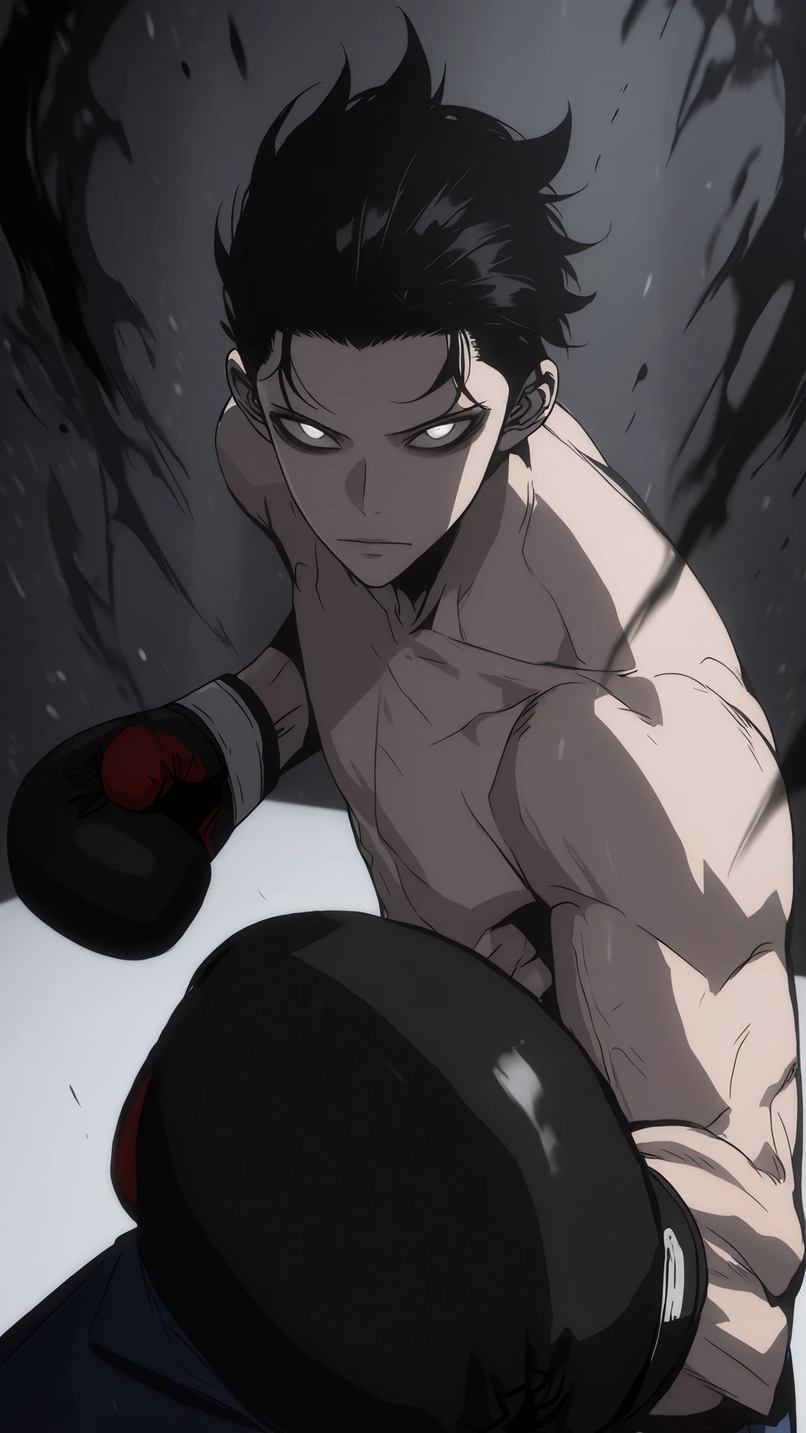 cinematic portrait of score_9, score_8_up, score_7_up,
boxy, looking at viewer, topless male, closed mouth, boxing gloves. 85mm lens, f/1.8, dramatic side lighting, moody atmosphere, slicked back hair, spicky black hair, white eyes , Athletic body, slender body, ripped, dark circles , pale skin, scary, solo leveling style, 2d, solo leveling artstyle , black aura, boxing stance, fighting stance, perspective, good perspective