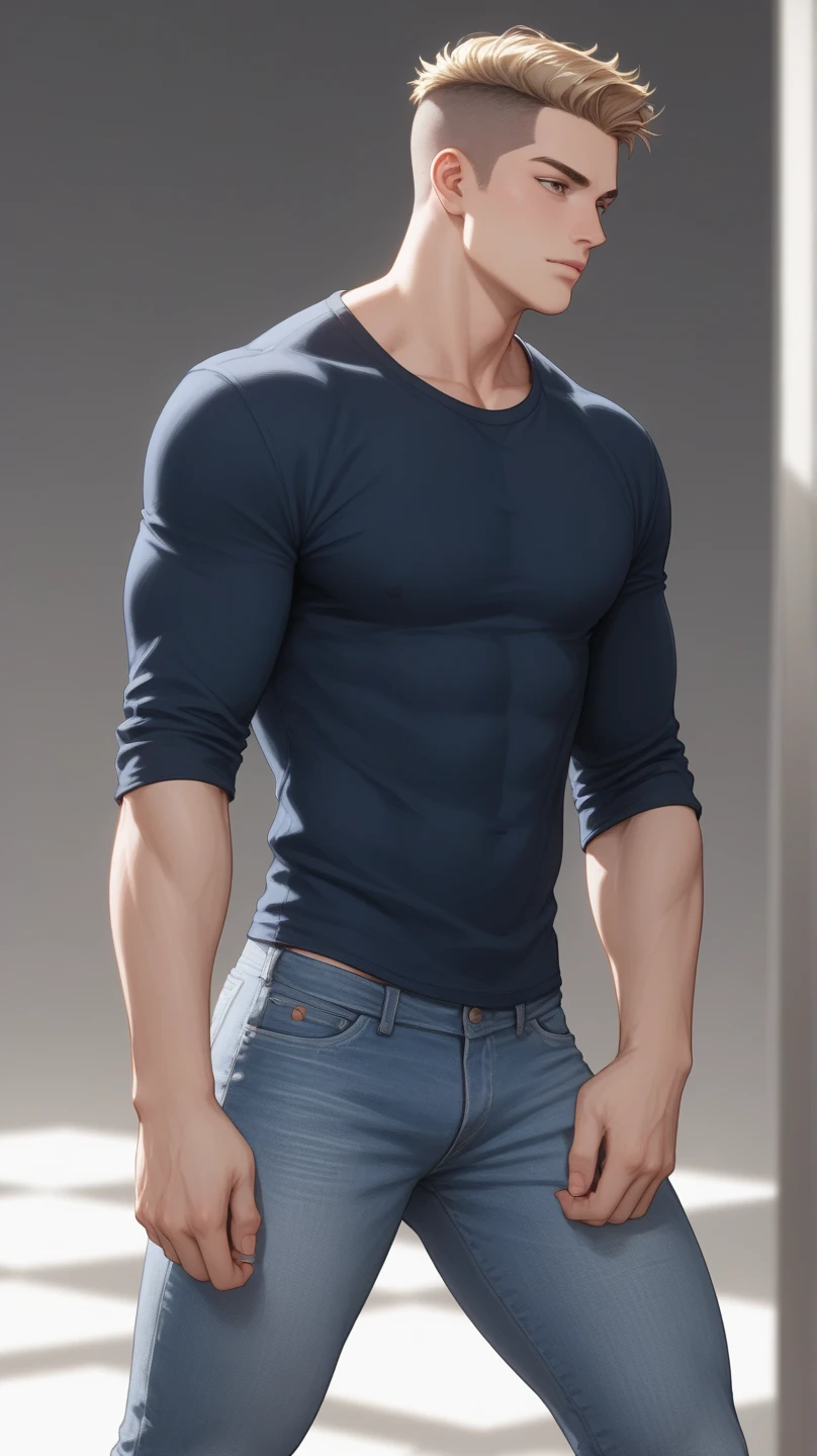 (((male gender))) "An ultra-detailed 8k masterpiece best quality and high saturation. The image features a clothing illustration with a stunning thick european Boy  wearing a tight sheer leggings outfit, including tight , F cup, white sneakers, and a blue background."