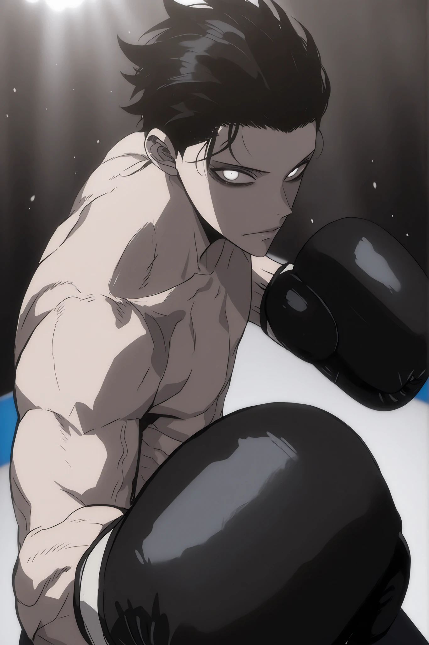 cinematic portrait of score_9, score_8_up, score_7_up,
  boxy, looking at viewer,  male, closed mouth, boxing gloves. 85mm lens, f/1.8, dramatic side lighting, moody atmosphere, slicked back hair, spicky black hair, white eyes , Athletic body, slender body, ripped, dark circles , pale skin, scary, solo leveling style, 2d, solo leveling artstyle , boxing stance, fighting stance, perspective, good perspective, the background is a boxing ring