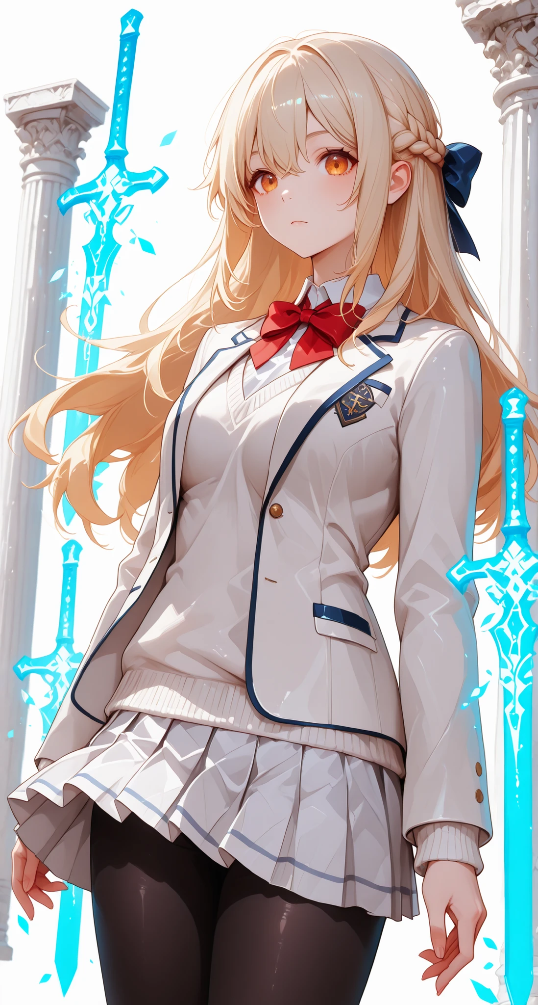 white background white pillar high school girl(Adult、amber eyes、light blonde、long hair、half up than women、french braid、red bowtie、white sweater、white shirt、white blazer、white pleated skirt、black tights) (floating light blue swords effect)
