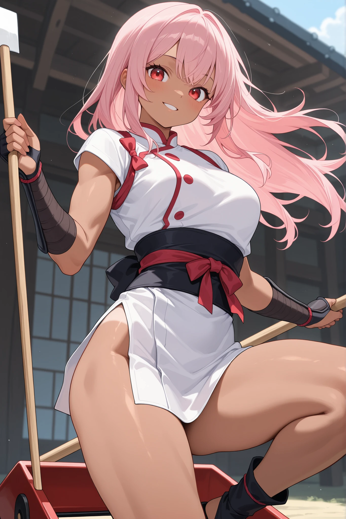 gasai yuno, ((masterpiece)), best quality, 1girl, (large breasts:1.5), , pink hair, long hair, solo, , gasai yuno, sitting, tiles, looking at viewer, large breasts, low twintails, smile, v arms, tile floor, twintails, wariza, navel, blush, collarbone, pink eyes, red eyes, stone floor, sidelocks, white legwear, seiza, tile wall, very long hair, hair between eyes, socks, shiny, (crazy eyes:1.5), crazy smile, (blood splatter:1.5), (anime art style:1.5)