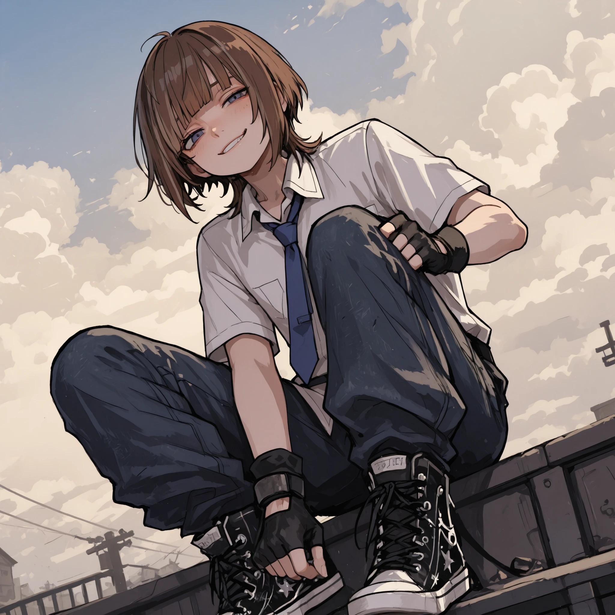 An androgynous, tomboyish character with very short, voluminous brown hair styled in a messy, uncombed wolfcut, marked by spiky layers and two front bangs that frame the face. She has blue eyes and a slightly mischievous, subtly uneven smile. Her outfit consists of a white short-sleeved shirt, a blue tie held with a black barrette, loose Viking-style pants tapered at the legs, black Converse shoes, and black fingerless gloves. The background features a realistic sky filled with natural clouds.