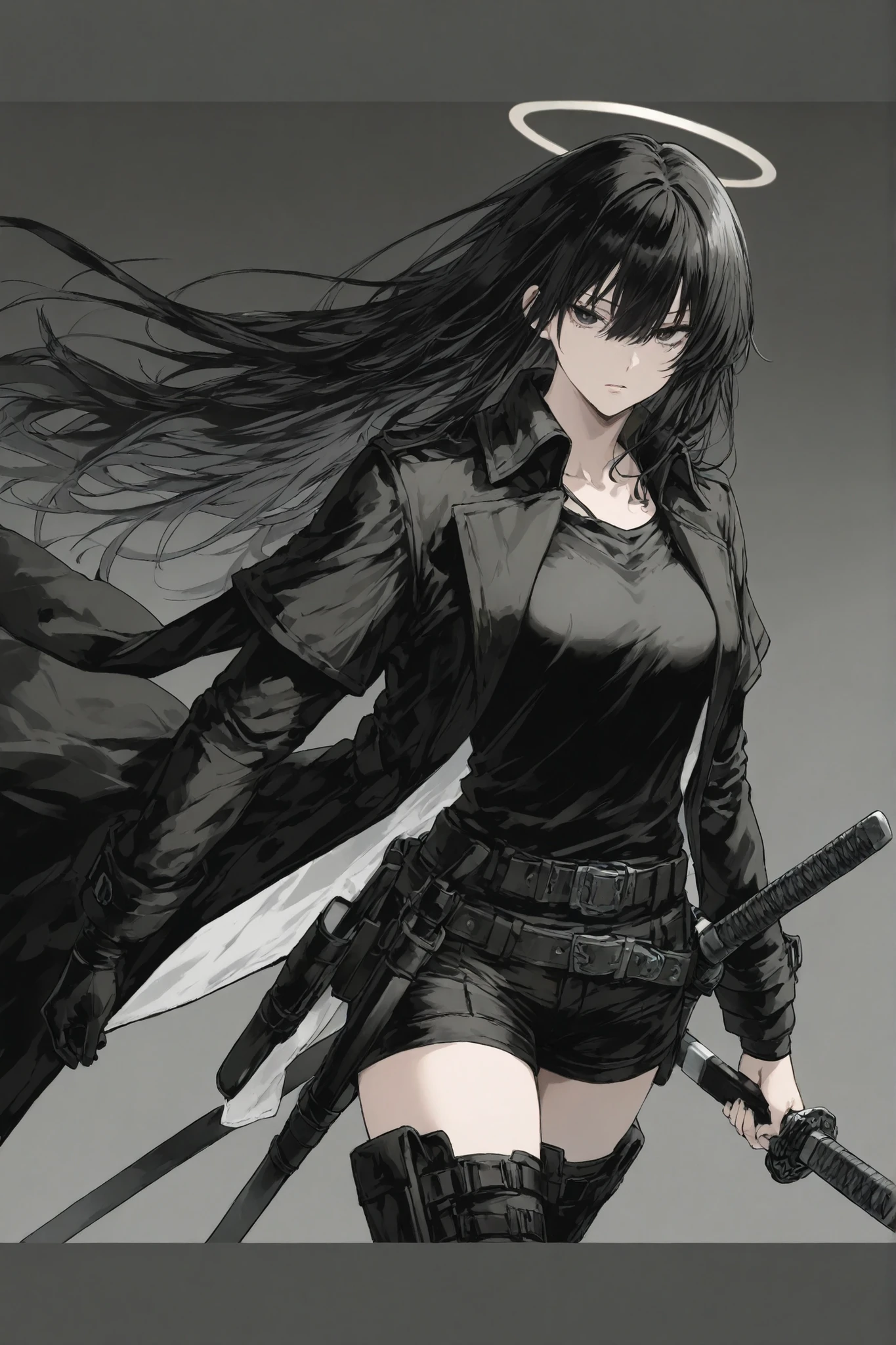 Combatant Outfit, black coat ,belt, Long Black Haired Female,black shirt, short pants that sell medicine, is holding a katana in her right hand,colorless background