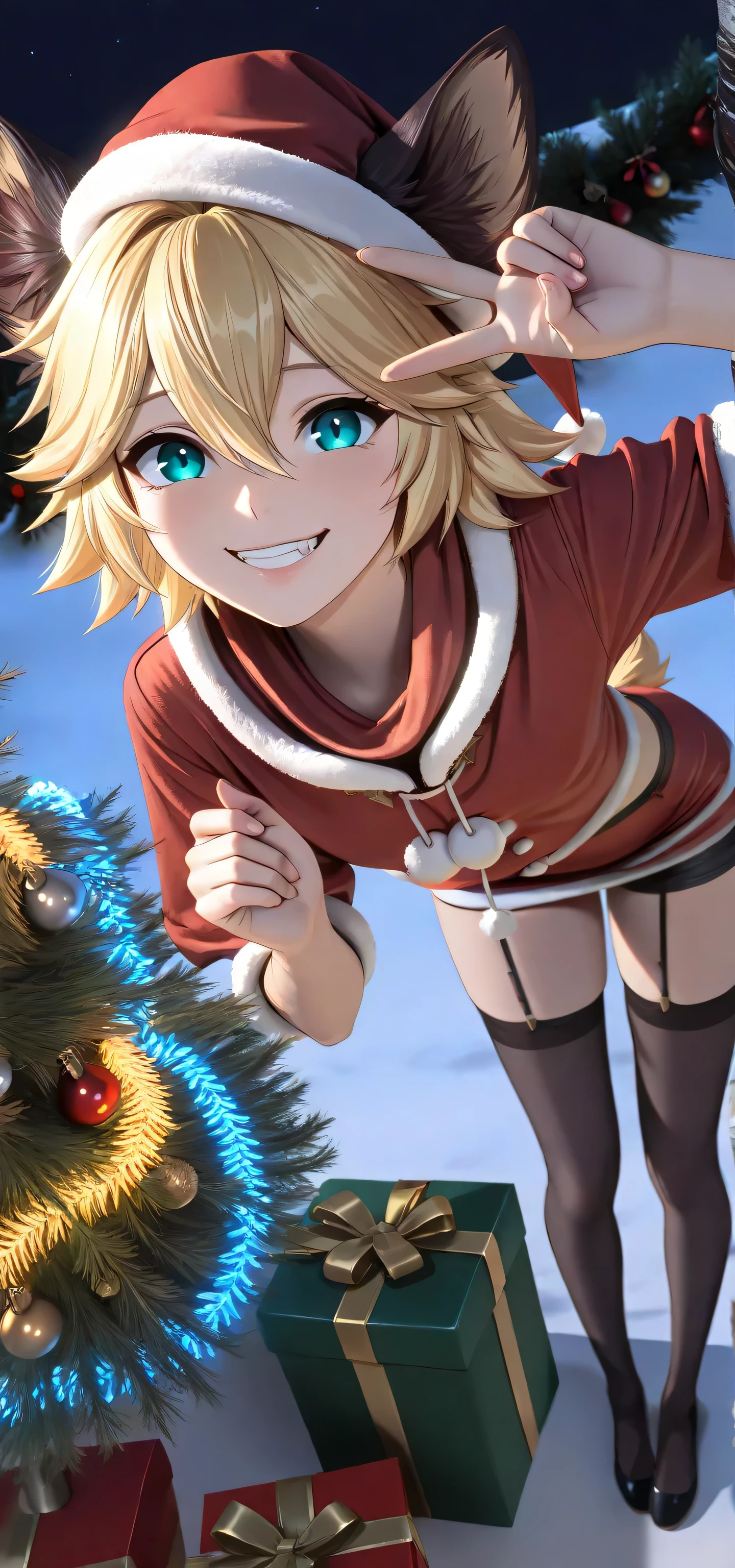 (masterpiece, 以from above最高品質, 8K Wallpaper, hires, Exact Details), (simple background, white background, dynamic angle, Rating_explicit, Shhhh, operating the mouse with hands, viewers, smile, Full Body, Leaning Forward, is standing, from aboveの眺め, close-up), (1girl, joy_mlbb, aqua eyes, Blonde, short hair, animal ears, short tail), ( Santa Outfits, Santa Hat, Santa Dress , Santa Mini Skirt, (:1.2) black extremely short shorts, thighs, skinned black garter straps, Extremely Detailed) outdoor holiday light display with Christmas gifts, Christmas Trees, contrapost, sunshine, Inner thighs, (attacks by rolling up the back, Backbend:1.2), v, Dutch Angle, foreshortening, Sky side, from above, PORTRAIT, close-up, night, vignette, soft focus, backlight, Film Grain, Hair grows on teeth、dramatic shadows between eyes, depth of field, Volume Lighting