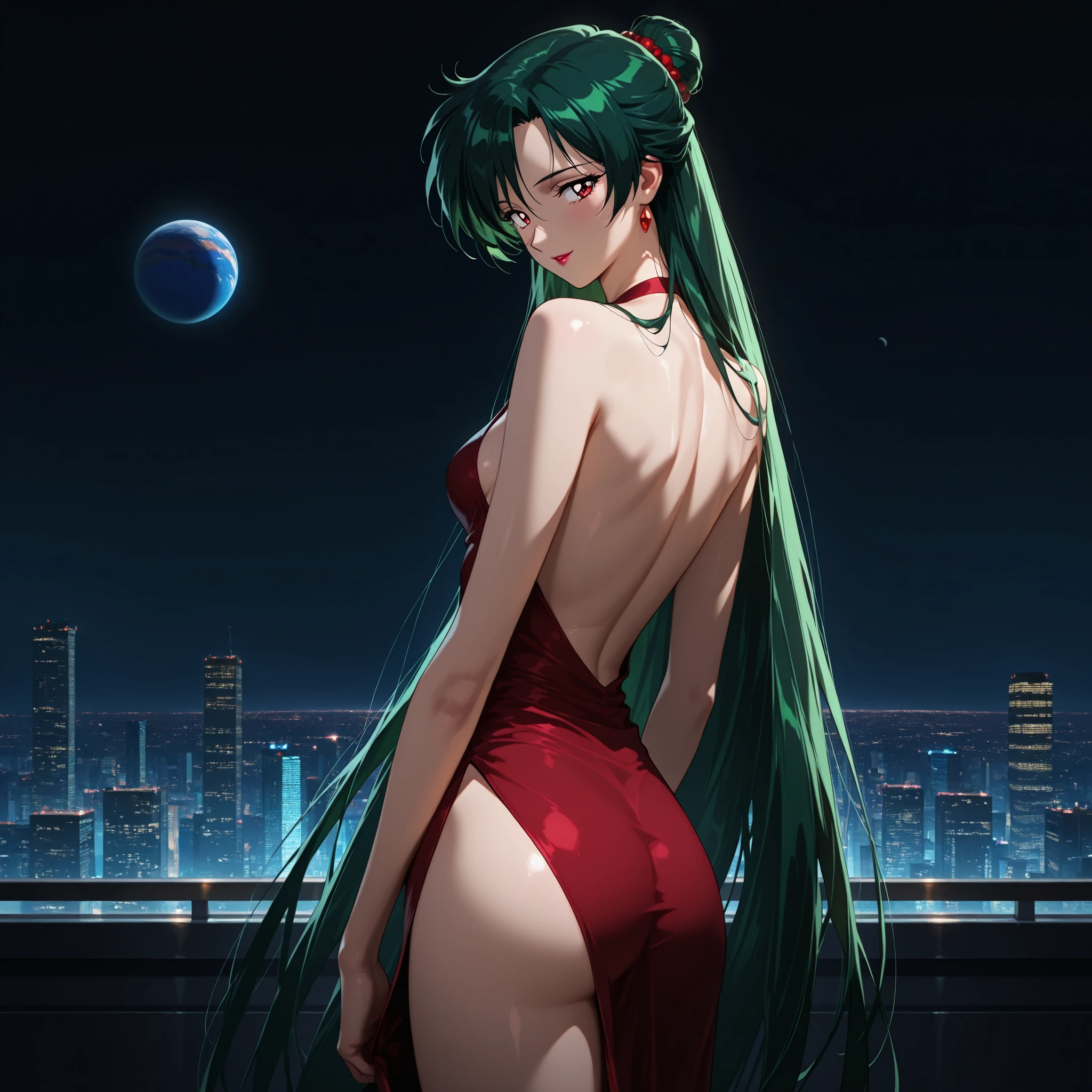 masterpiece, amazing quality, best quality, ultra-detailed, 8K, illustration, clear skin, ultra-detailed-eyes, soft skin, very awa, very as2, soft body, 1990s \(style\), official art, 1girl,solo,mature woman, setsuna meiou, long hair, red eyes, very long hair, green hair, hair bun, single hair bun, small breasts, lipstick, skinny, looking at viewer, dress, side slit dress, sky, planet, night, building, \(sky\), cityscape, standing, skyscraper, Her back is turned to the viewer. The girl is looking over her shoulder smiling at the viewer, dim lighting, black sky, night, volumetric lighting, dynamic lighting, sharp focus, distortion-free,