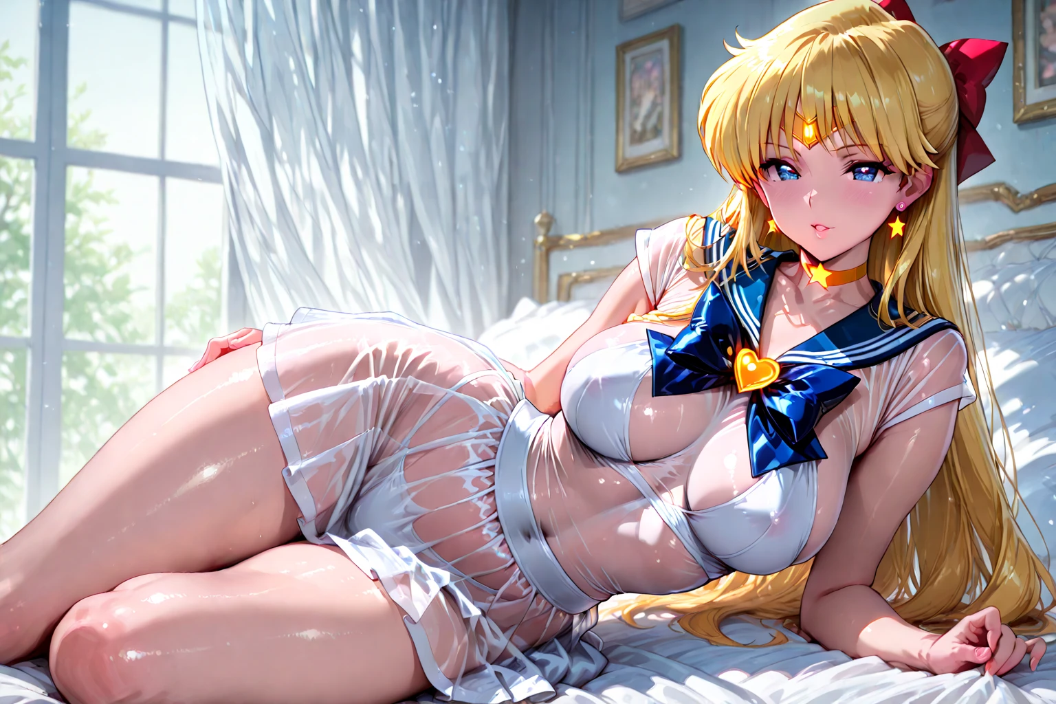 masterpiece, photoreal, high definition, slim waist, long legs, wet skin, huge ???, ????????????, slim waist, long legs, best quality, absurdres, perfect ???????, 1girl, solo, Sailormoon, (1990s \(style\), blonde hair, long twintails, smile, maid outfit, white thigh highs, legs spread, on bed, covered in ???, wet skin, ??? drip, ???????, ???????????, ??? on face, ??? on ????, open mouth
