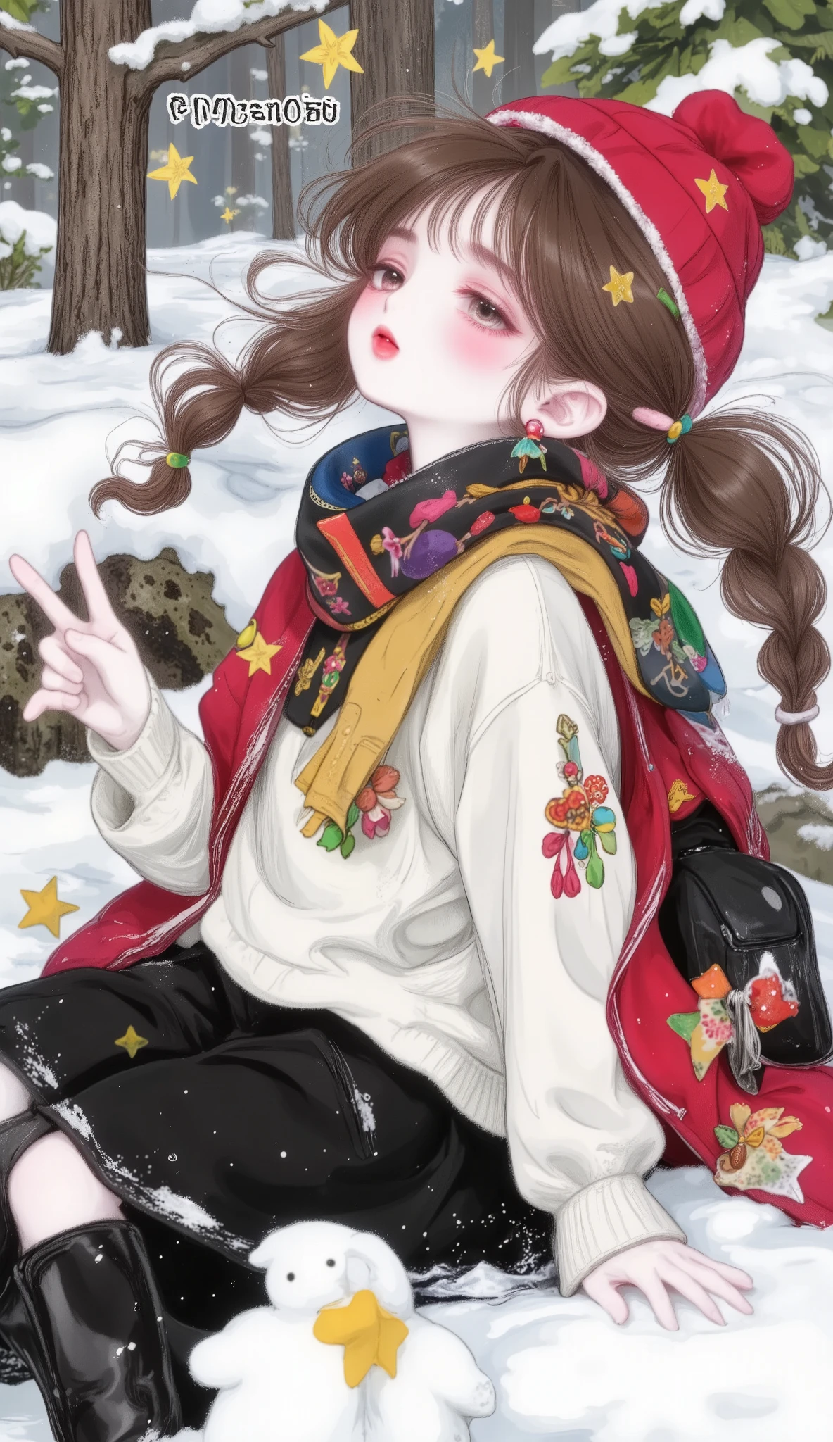 anatomically correct ,( beautiful snowy landscape , Beautiful full bodied girl , winter clothing, wool cap, neck scarf, wool mittens , she smiles cheerfully this very fun in the snow:1.5), ((manga style:1.51)), Linear , she is half profile , warm outerwear , Long black boots, hace frío wears a scarf y un sombrero , It is lying in the snow making angel shapes in the snow the camera looks from above:1.51, wears a scarf , fluttering in the wind , wool cap rojo , red and black jacket that falls on her shoulders , snowy field background, At dusk ,Pine trees with snow , Going down a hill, an anime drawing by Masamune Shirow , dynamic and sensual pose , tendencia en pixiv , Furry art, Danganronpa digital art, anime style , anime style ”, anime girl with brown hair with long hair , High quality anime art style , ranked among the best in pixiv , beautiful anime girl from high school , obra de arte de anime style , anime illustration trend