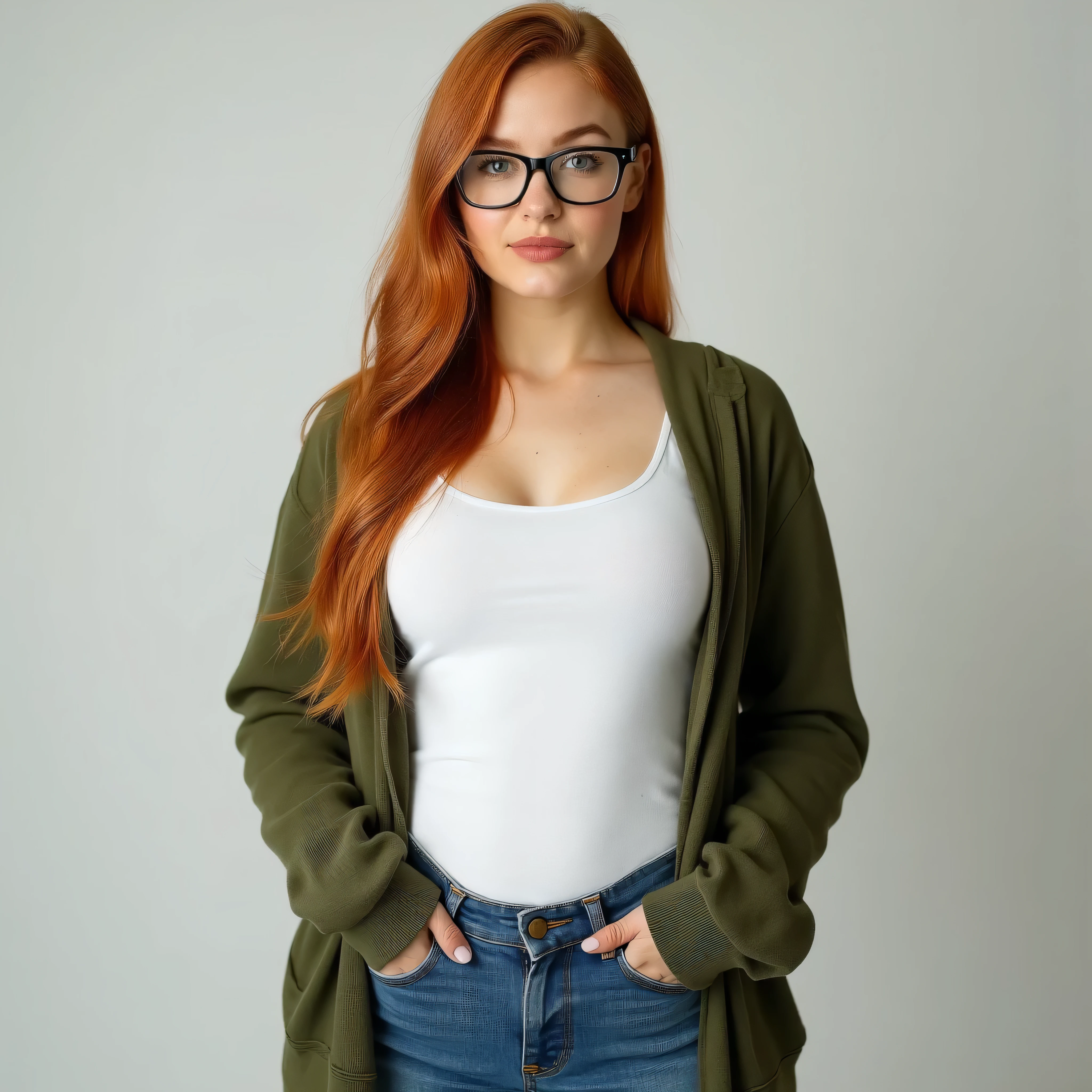 A realistic, high resolution photograph of a beautiful Caucasian woman in her 30's; full body frontal view facing the camera with her arms at her side, looking at the camera. There is extra space in the photo above her head. She has a curvy, hourglass, fashion model figure with medium rounded, uplifted breasts, large hips, and a regular waist. She has very long straight copper red hair with a side sweeping part that falls past her breasts. She has a perfect, heart shaped face, thin lips, a small nose, a short, bull neck, and ears that lay close to her skull. She has green eyes, an ivory complexion, freckles, and wears horned rimmed glasses. Her lips are closed and she has a mischievous smirk. She is wearing a white scoop neck t-shirt, blue jeans and an open jungle green hoodie that is worn so that it covers both of her shoulder blades. Her breasts are well defined beneath the clothing and you can see some cleavage. There is no one else in the photo. There is extra space above the subject’s head and centered composition — suitable for magazine-style layout or cinematic framing.
