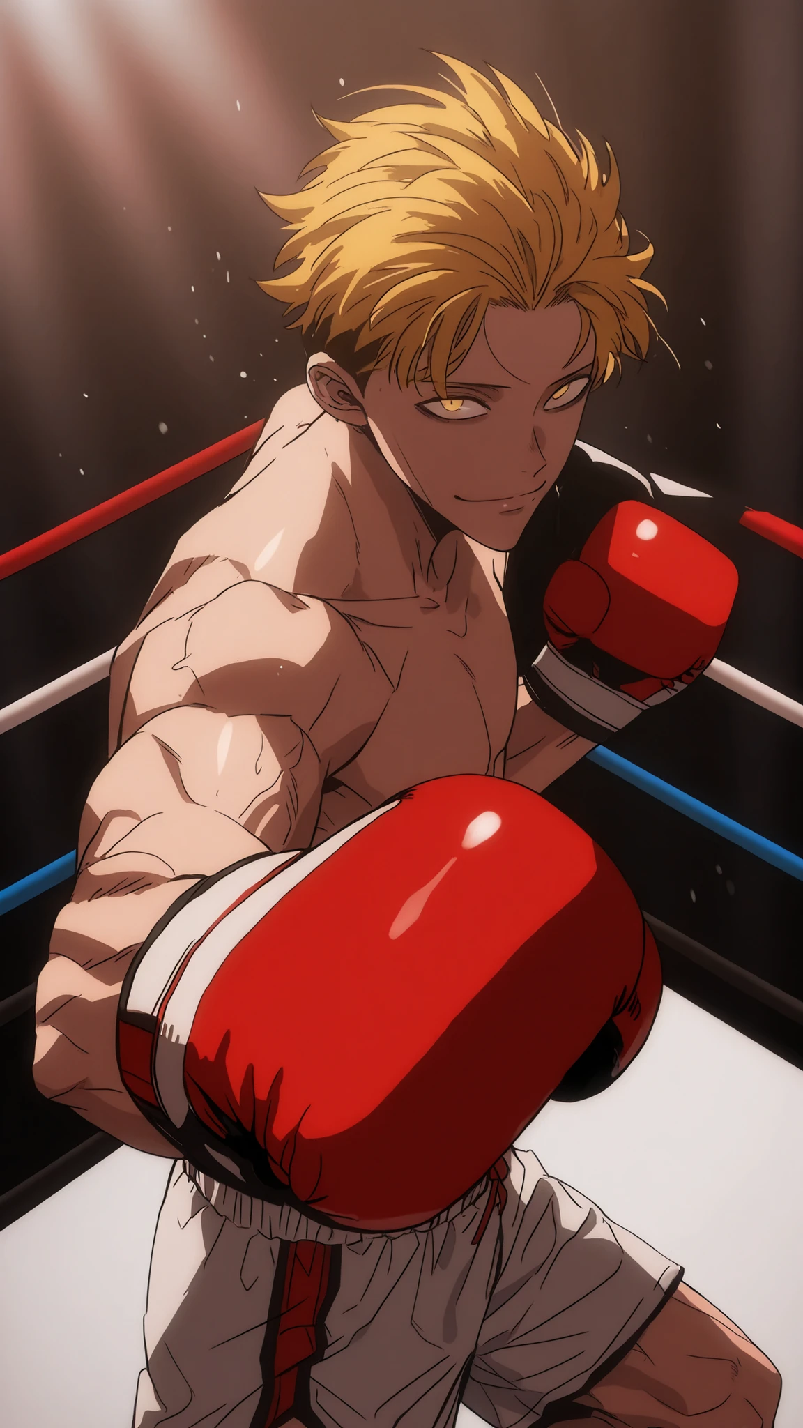 J (the boxer), cinematic portrait of score_9, score_8_up, score_7_up,
boxy, looking at viewer, male, closed mouth, boxing gloves. 85mm lens, f/1.8, dramatic side lighting, moody atmosphere, yellow hair, yellow eyes , Athletic body, ripped, Thin smile, solo leveling style, 2d, solo leveling artstyle , boxing stance, fighting stance, perspective, good perspective, the background is a boxing ring, front view, middle aged man , red boxing gloves, white boxing shorts, upperbody only, Hair falling straight ,