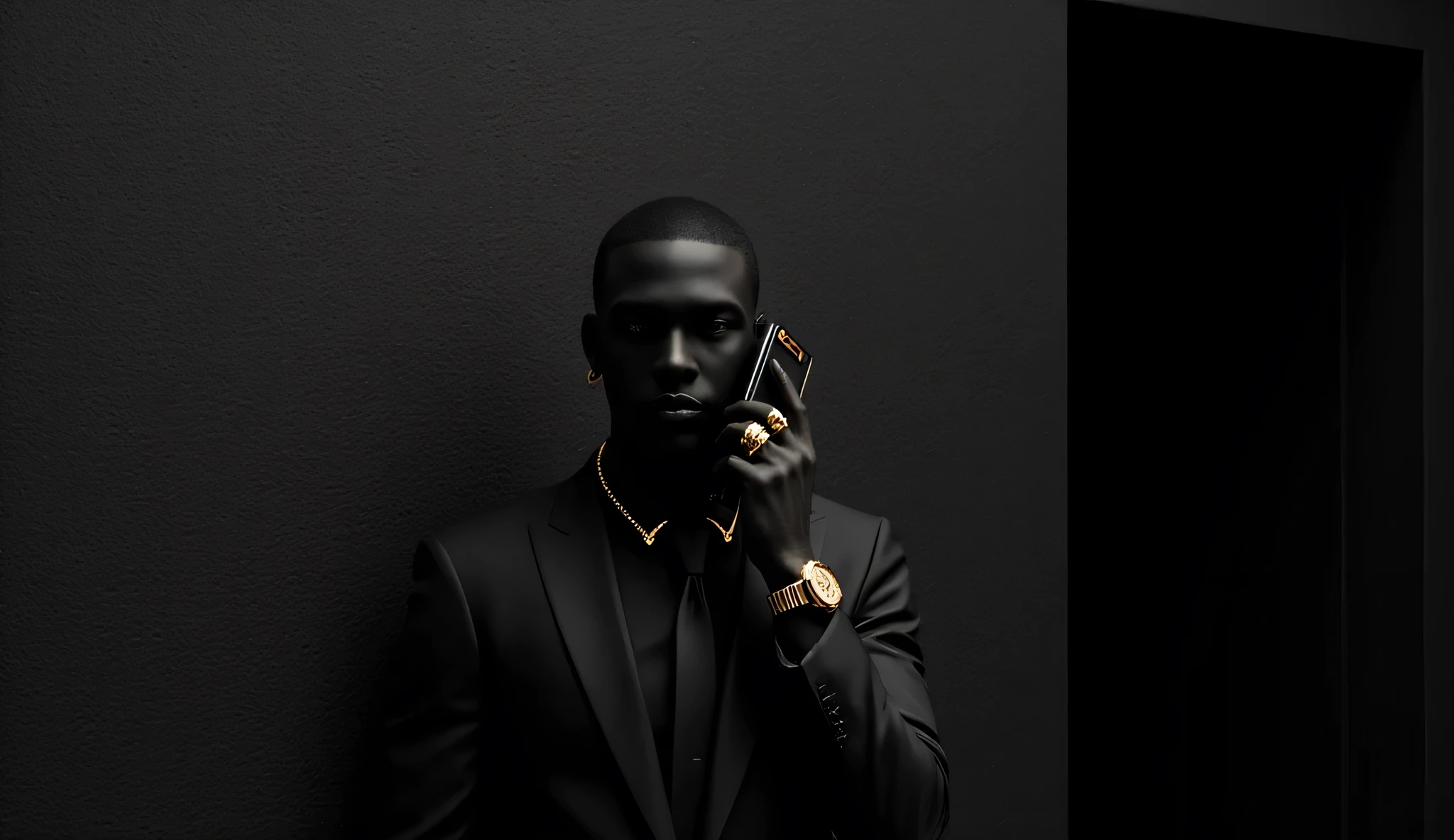 A latin male model black body painted ,stands against a dark gray textured wall, holding a black smartphone with a gold case to his ear. He wears a sleek black suit with a matching tie and shirt. His left hand is raised to his ear speaking with the phone, have a golden rolex, one gold ring, and a prominent gold watch on his wrist. A gold chain is visible around his neck. The lighting emphasizes the stark contrast between his dark skin and the metallic gold accessories, creating a striking and stylish image with a confident, slightly mysterious mood. The background is minimalist, with a dark doorway visible to his right, enhancing the focus on the subject. every object in the scene is bblack, every element in the background is black, all the clothes tailored in black. the model have a full body paint in black, all the skin of the model are black. the jewels and the iphone are golden and show luxury shine effect