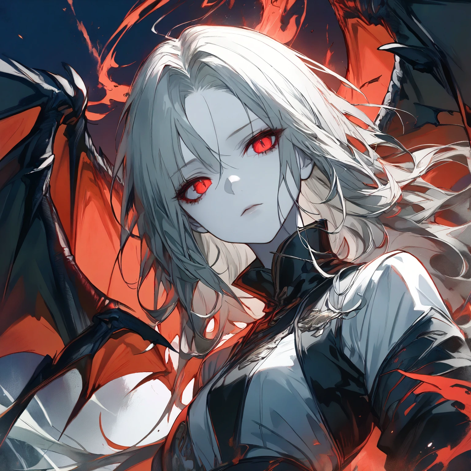 anime, Black and White, Red eyes, Black wings, Black Dress, Black wings, Black wings, Black wings, Black wings, Black wings, Black wings, gothic maiden anime girl, with glowing Red eyes, luminous Red eyes, With eyes that glow red, She has white eyes!!!, black anime pupils in her eyes, demon anime girl, glowing Red eyes